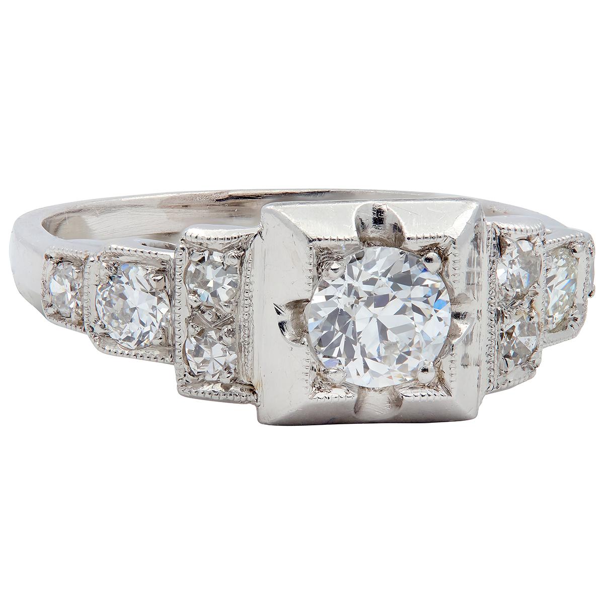Art Deco 0.50 CTW Old European Diamond Platinum Stepped Vintage Engagement Ring