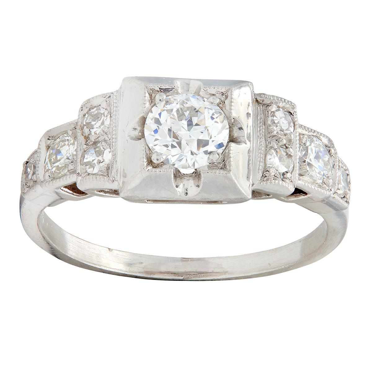 Art Deco 0.50 CTW Old European Diamond Platinum Stepped Vintage Engagement Ring