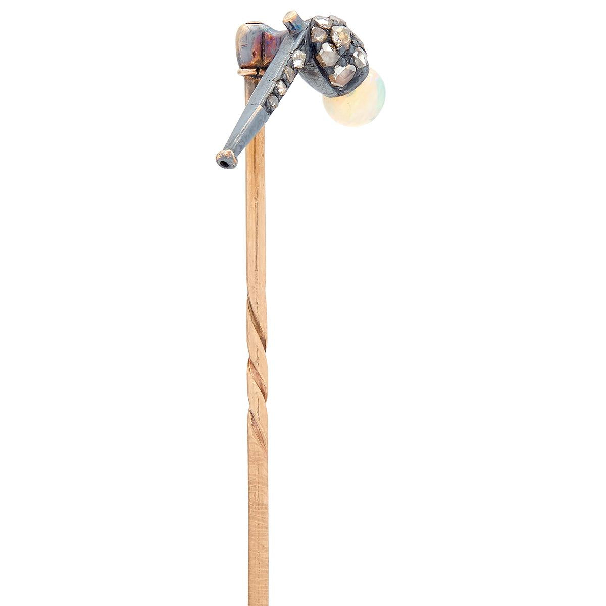 Victorian Opal Diamond Silver-Topped 14 Karat Gold Antique Pipe Stickpin