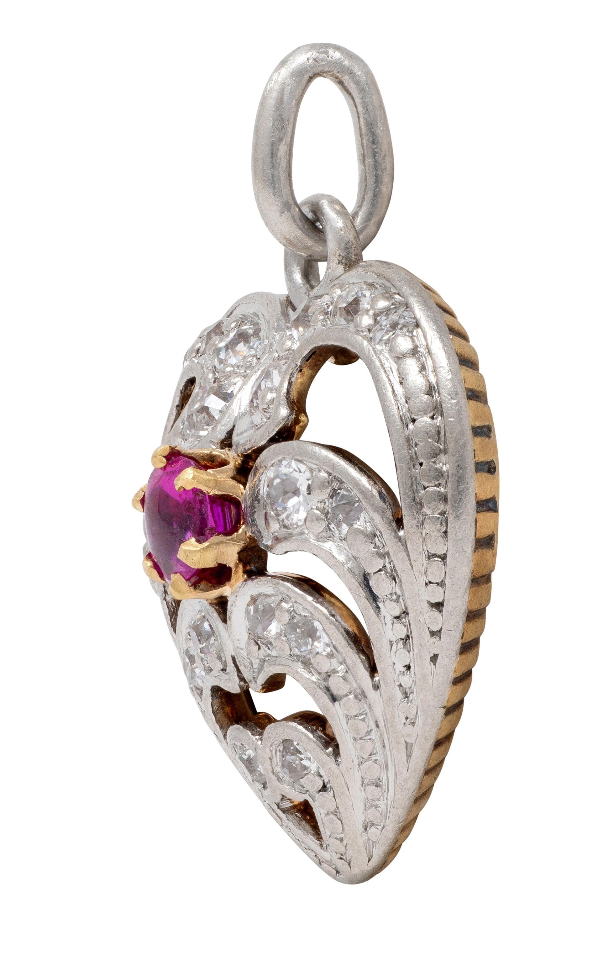 Edwardian Ruby Diamond Platinum-Topped 18 Karat Yellow Gold Antique Heart Charm