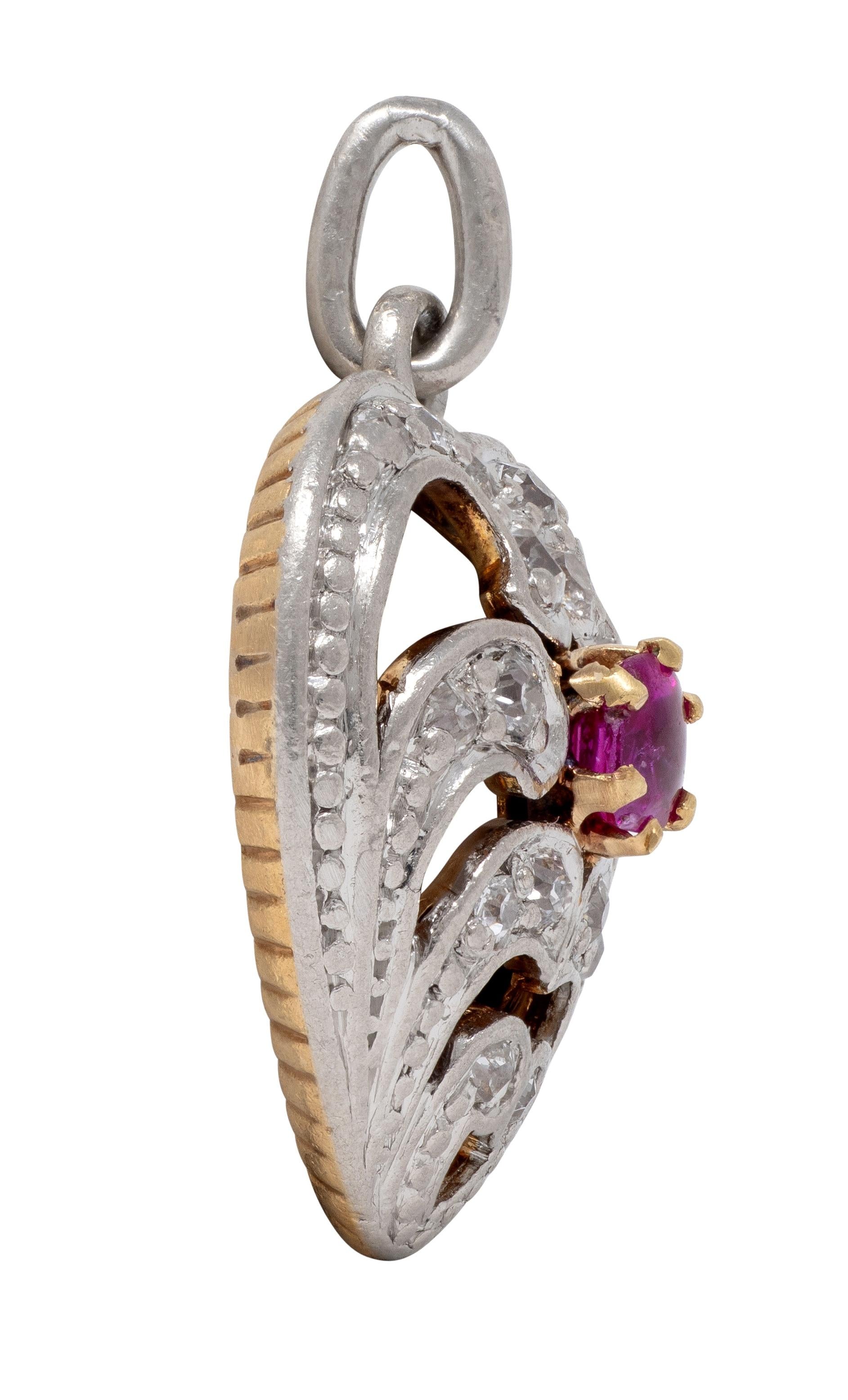 Edwardian Ruby Diamond Platinum-Topped 18 Karat Yellow Gold Antique Heart Charm