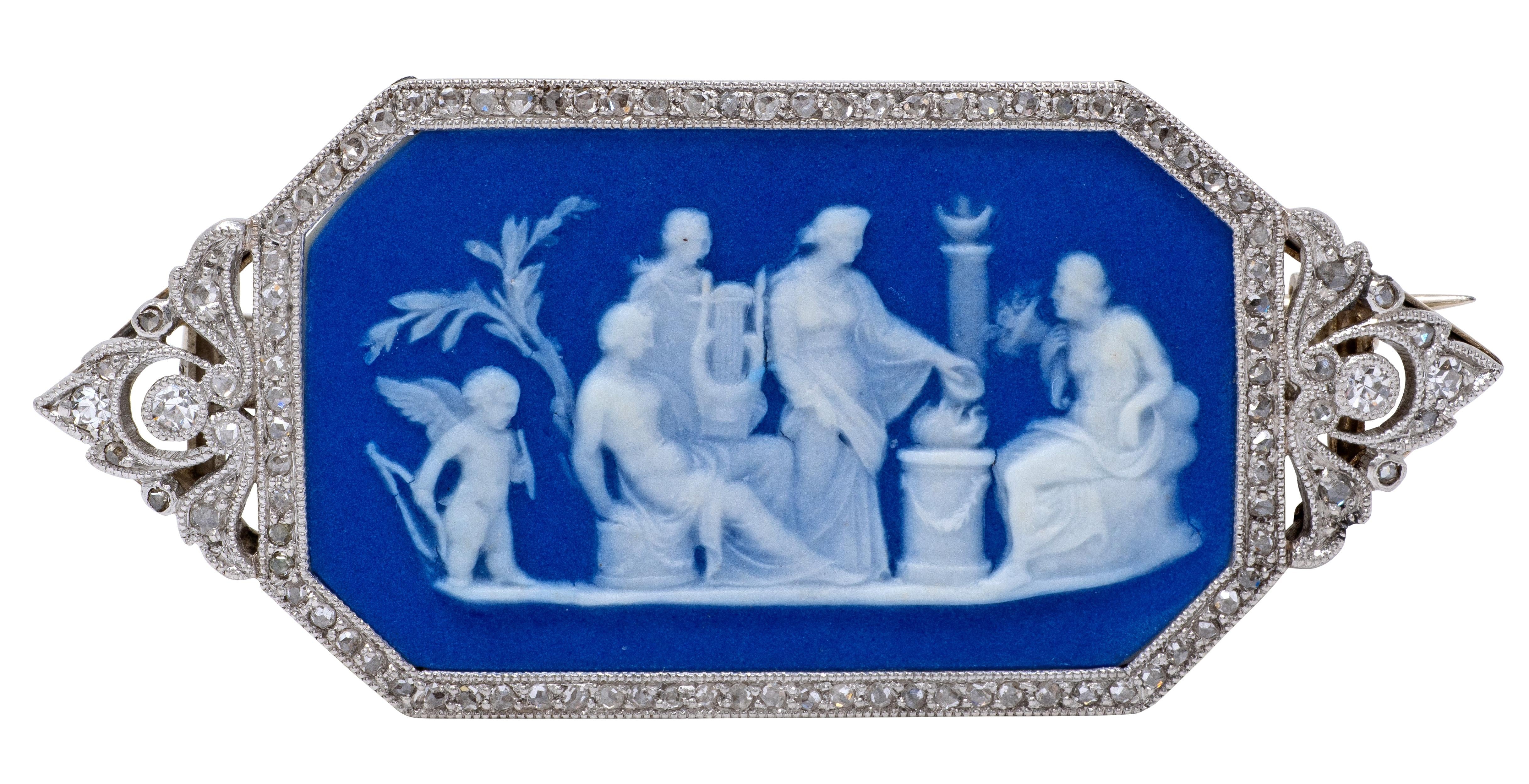 Edwardian Blue Jasper Diamond Platinum Antique Neoclassical Cupid Cameo Brooch