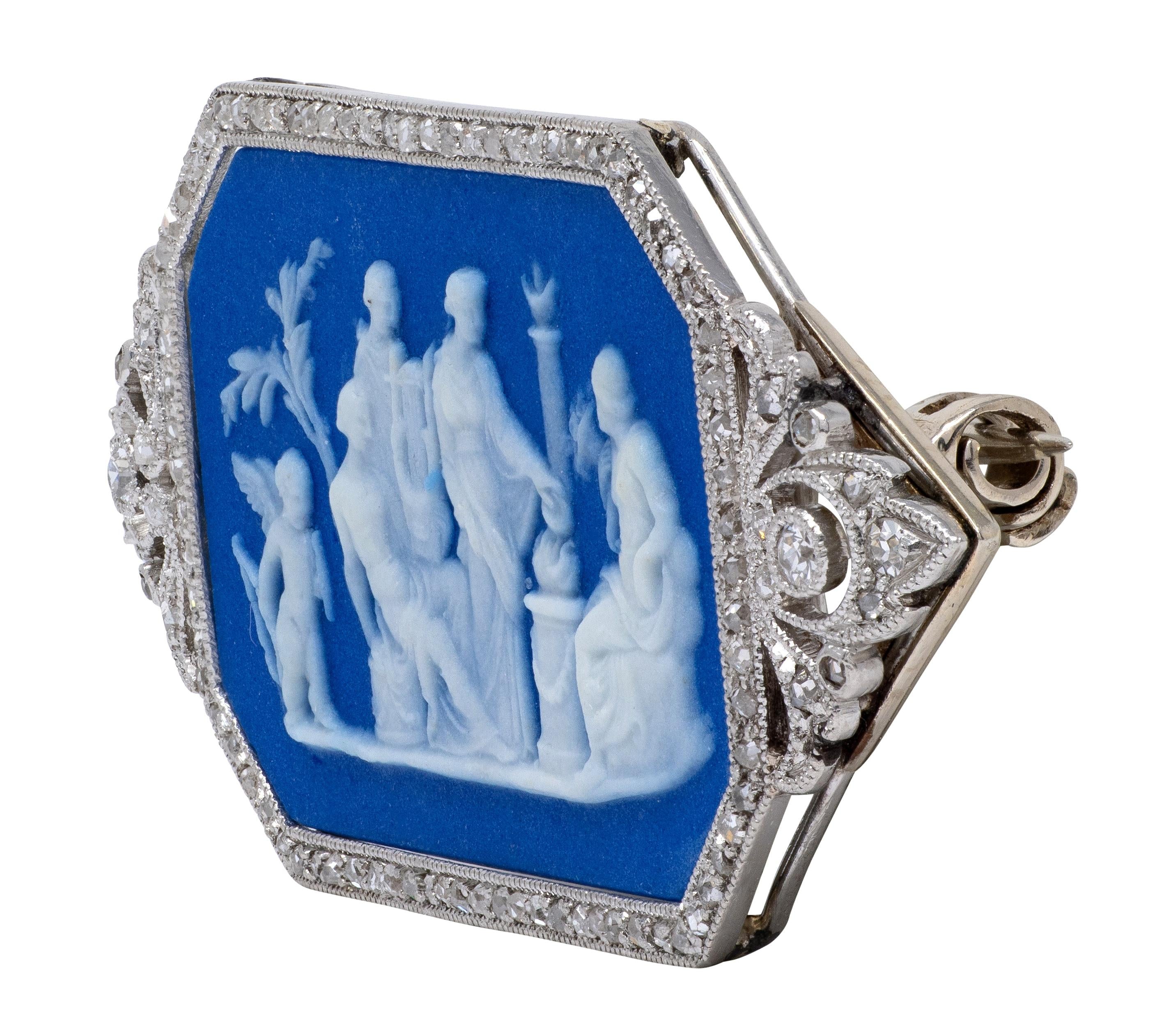 Edwardian Blue Jasper Diamond Platinum Antique Neoclassical Cupid Cameo Brooch