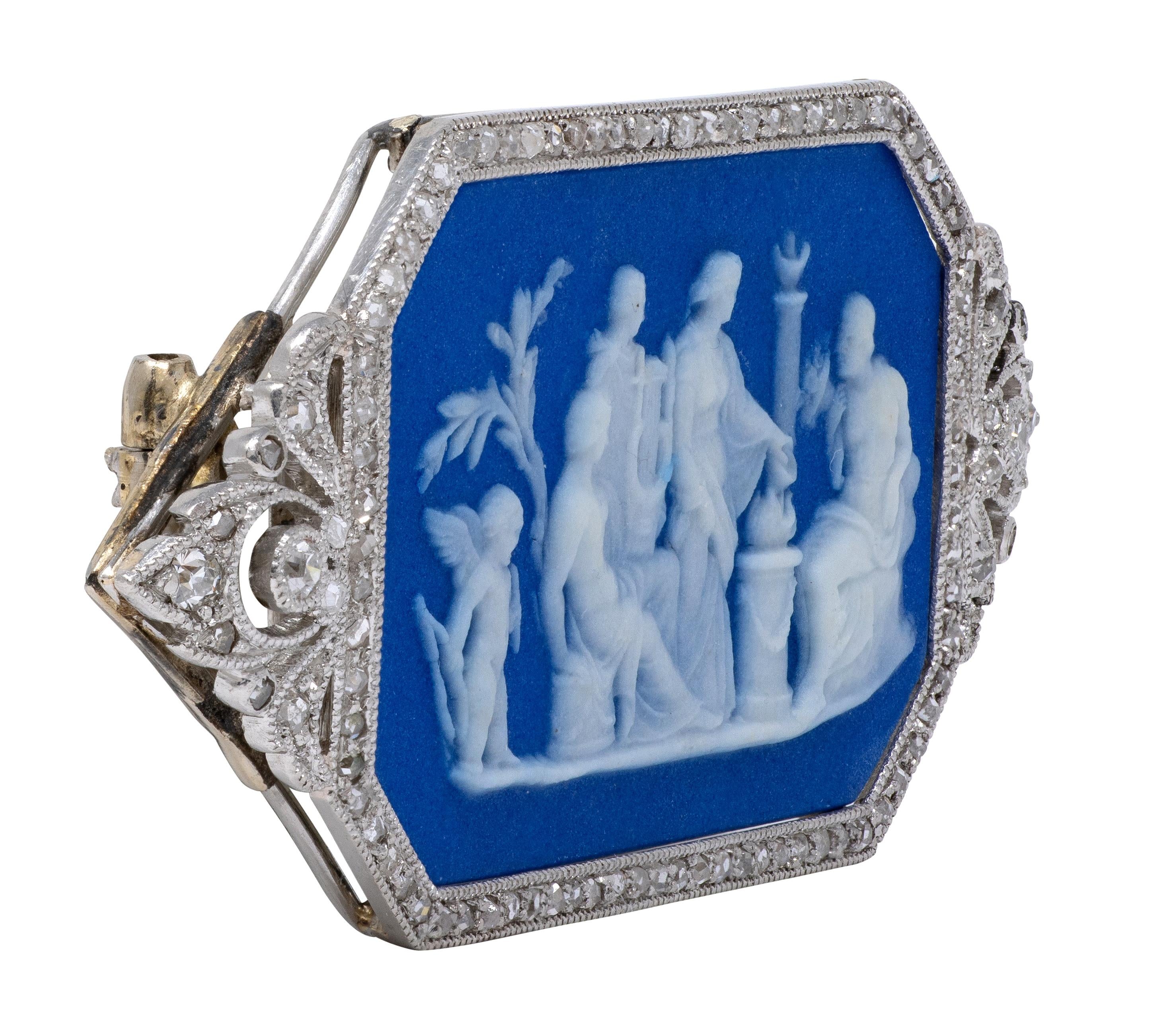 Edwardian Blue Jasper Diamond Platinum Antique Neoclassical Cupid Cameo Brooch