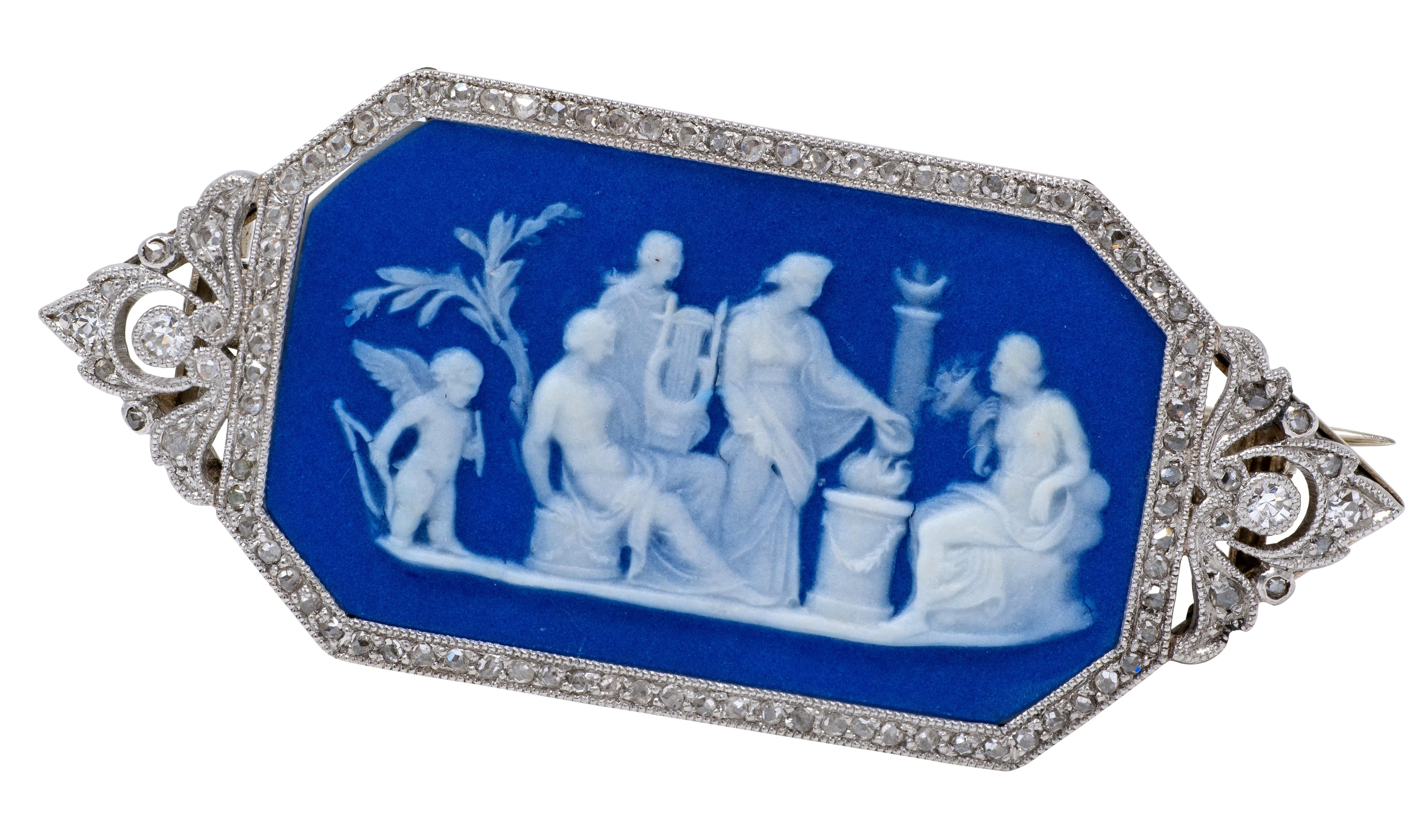 Edwardian Blue Jasper Diamond Platinum Antique Neoclassical Cupid Cameo Brooch