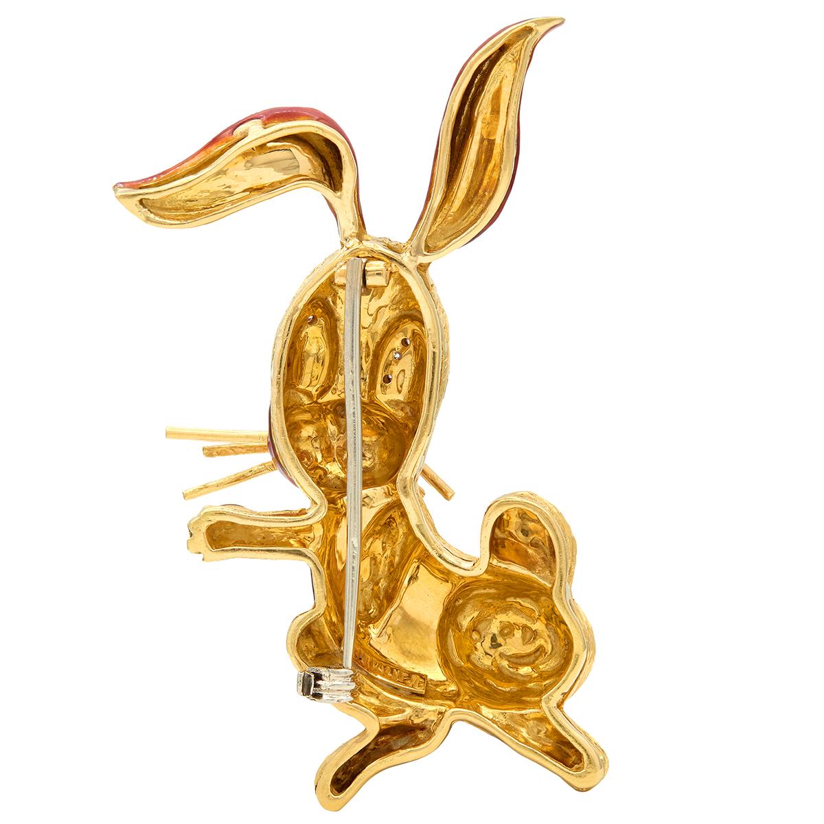 1960's Diamond Enamel 18 Karat Two-Tone Gold Vintage Cartoon Rabbit Brooch