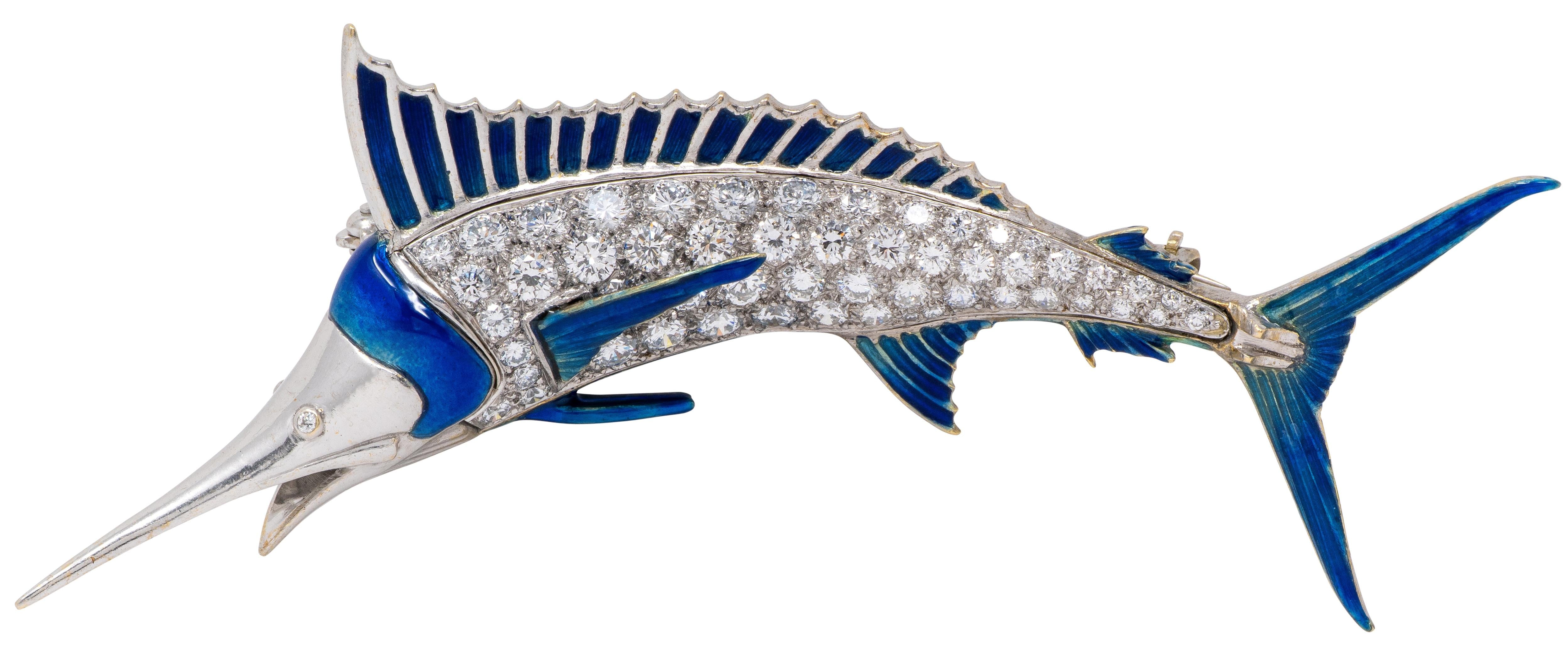 1950's Diamond Enamel 18 Karat White Gold Vintage Blue Marlin Fish Brooch