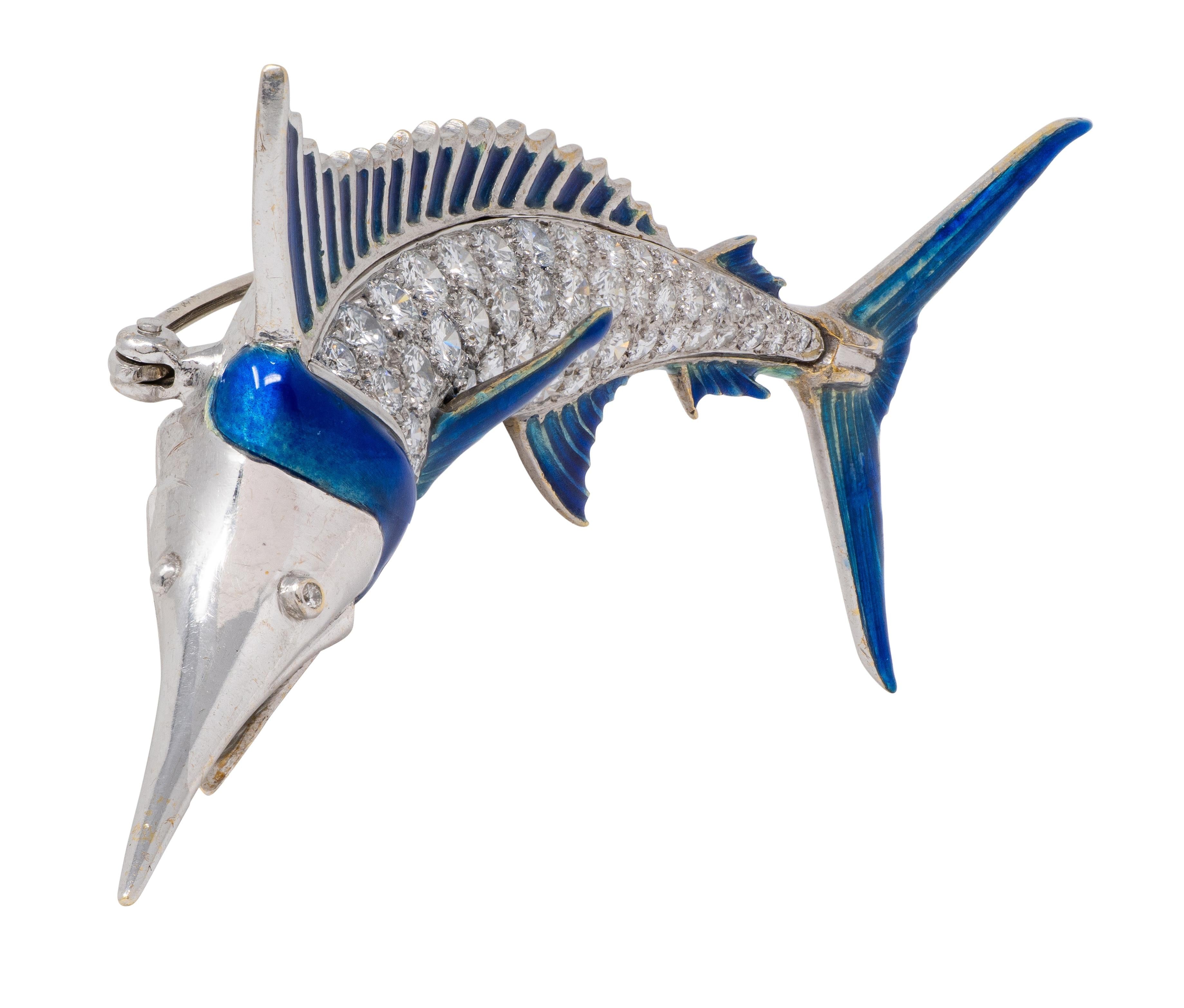 1950's Diamond Enamel 18 Karat White Gold Vintage Blue Marlin Fish Brooch