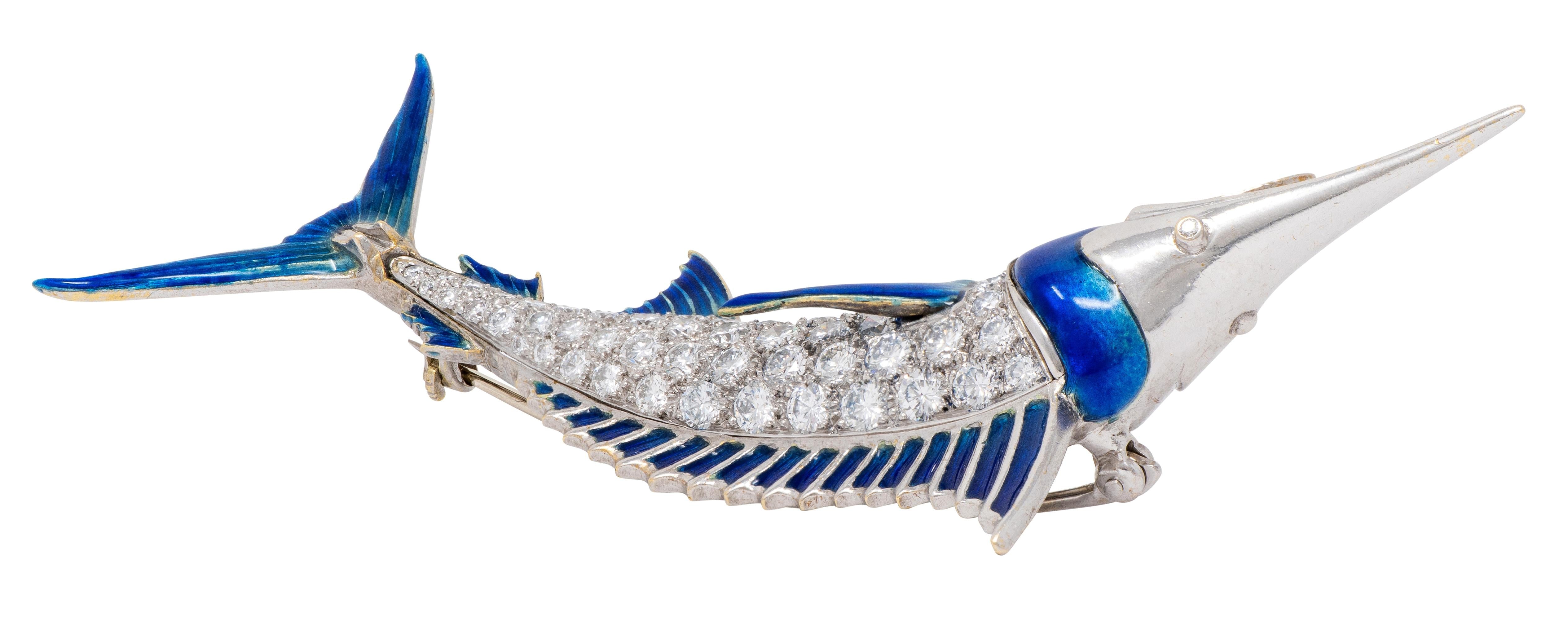 1950's Diamond Enamel 18 Karat White Gold Vintage Blue Marlin Fish Brooch