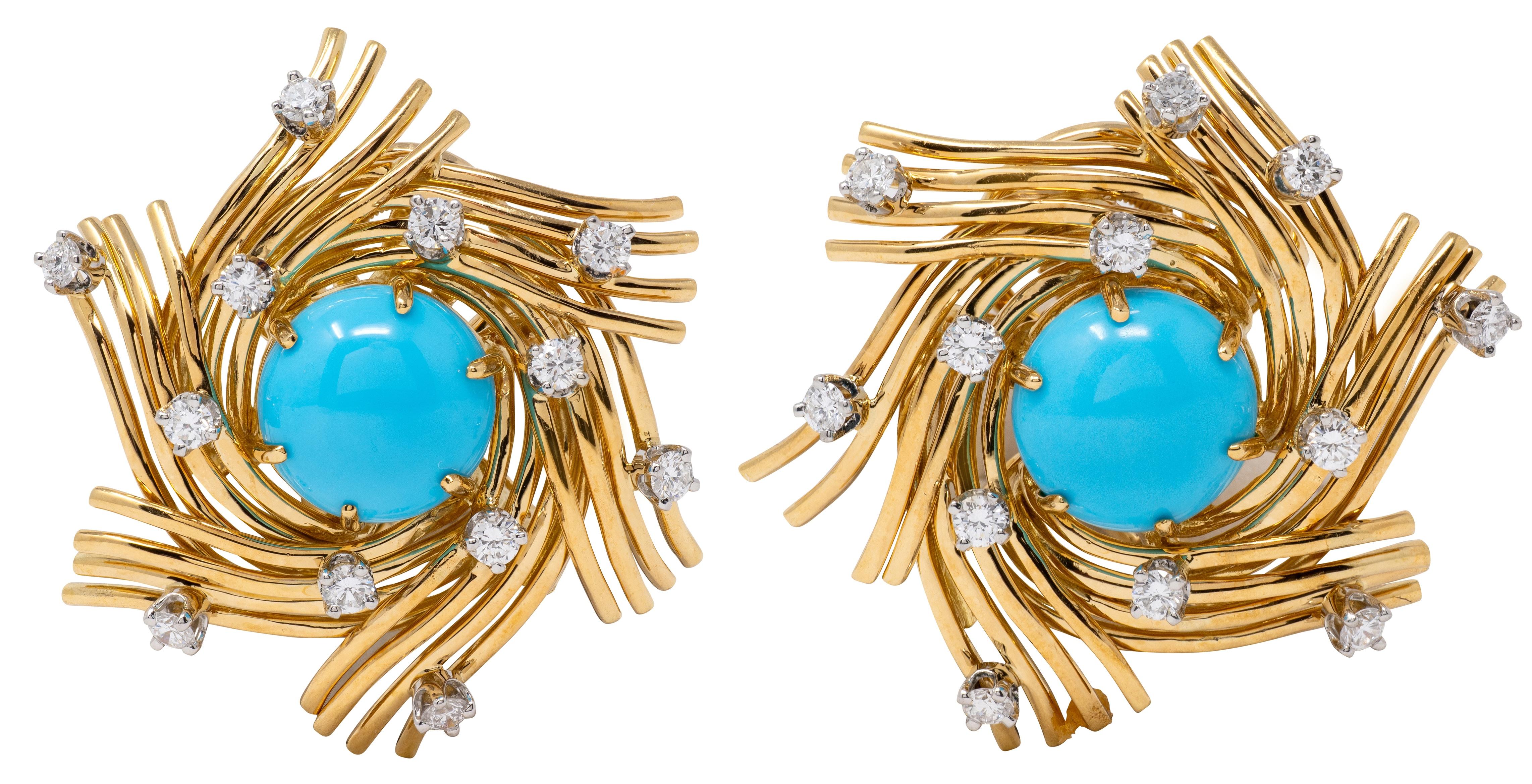 Tiffany & Co. Schlumberger Turquoise Diamond 18K Platinum Vintage Nest Earrings