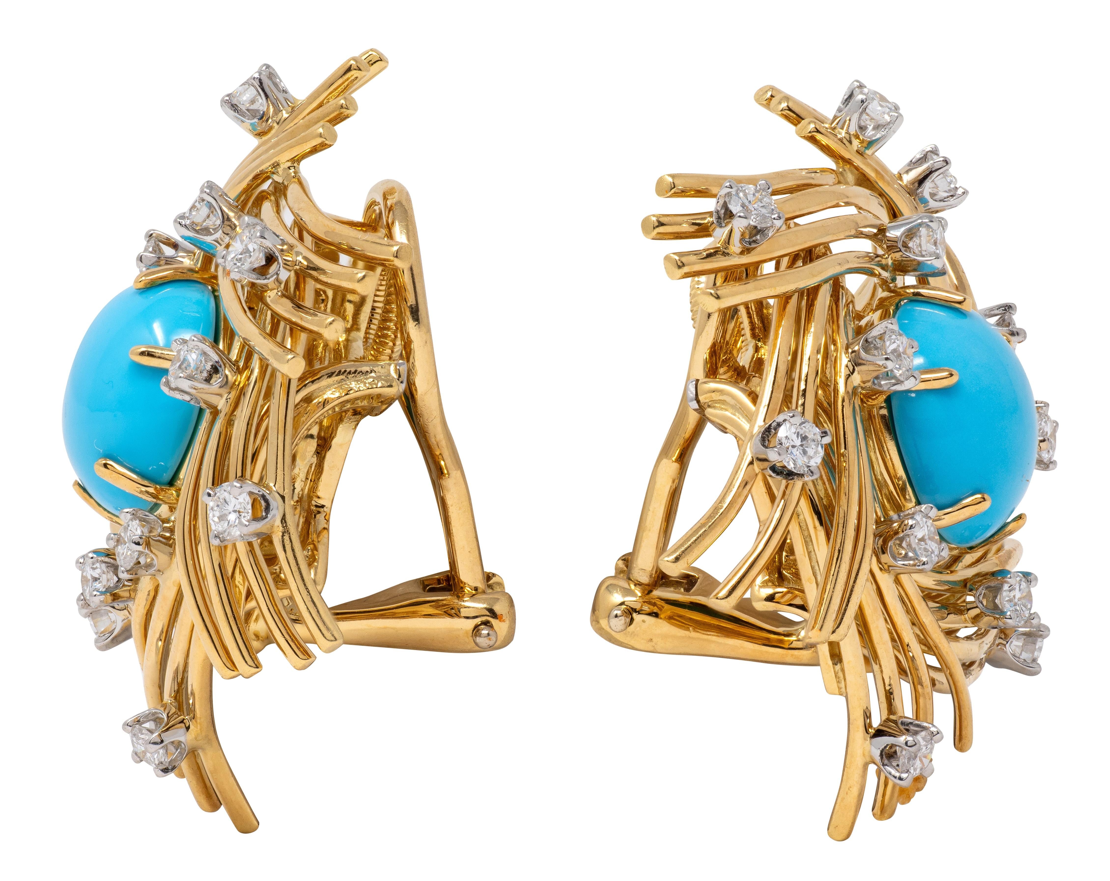 Tiffany & Co. Schlumberger Turquoise Diamond 18K Platinum Vintage Nest Earrings
