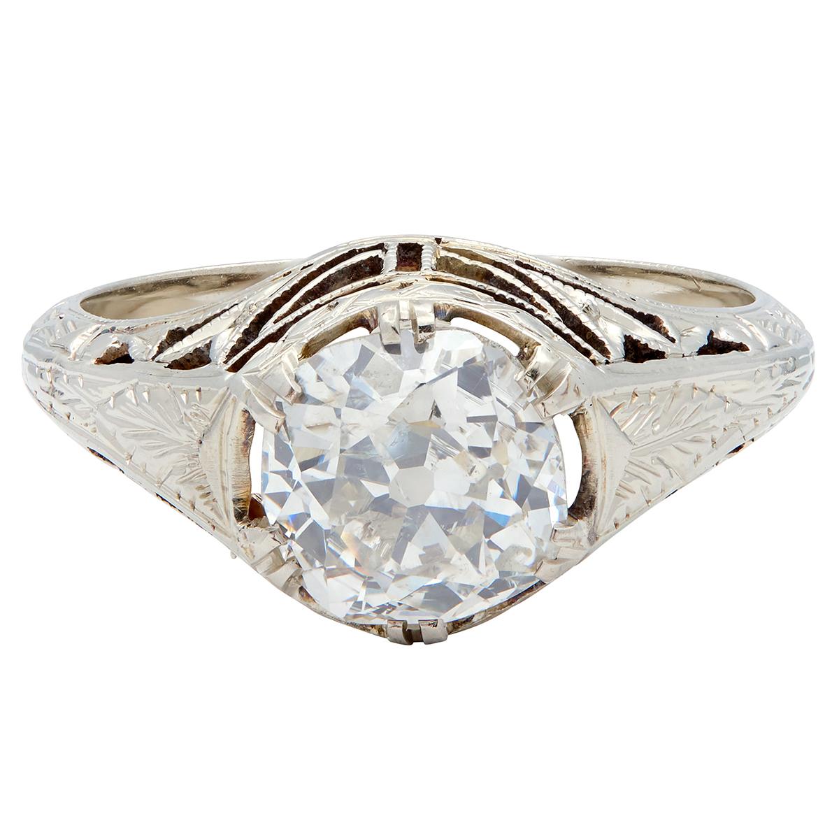 Art Deco 1.69 Old Mine Cut Diamond 14K Gold Vintage Wheat Engagement Ring