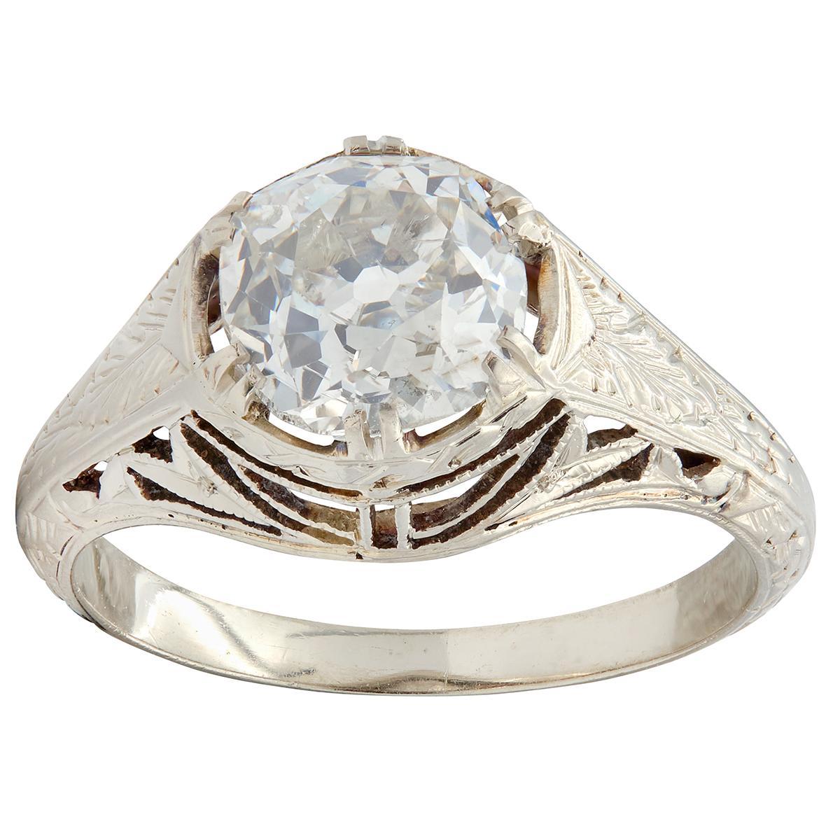 Art Deco 1.69 Old Mine Cut Diamond 14K Gold Vintage Wheat Engagement Ring