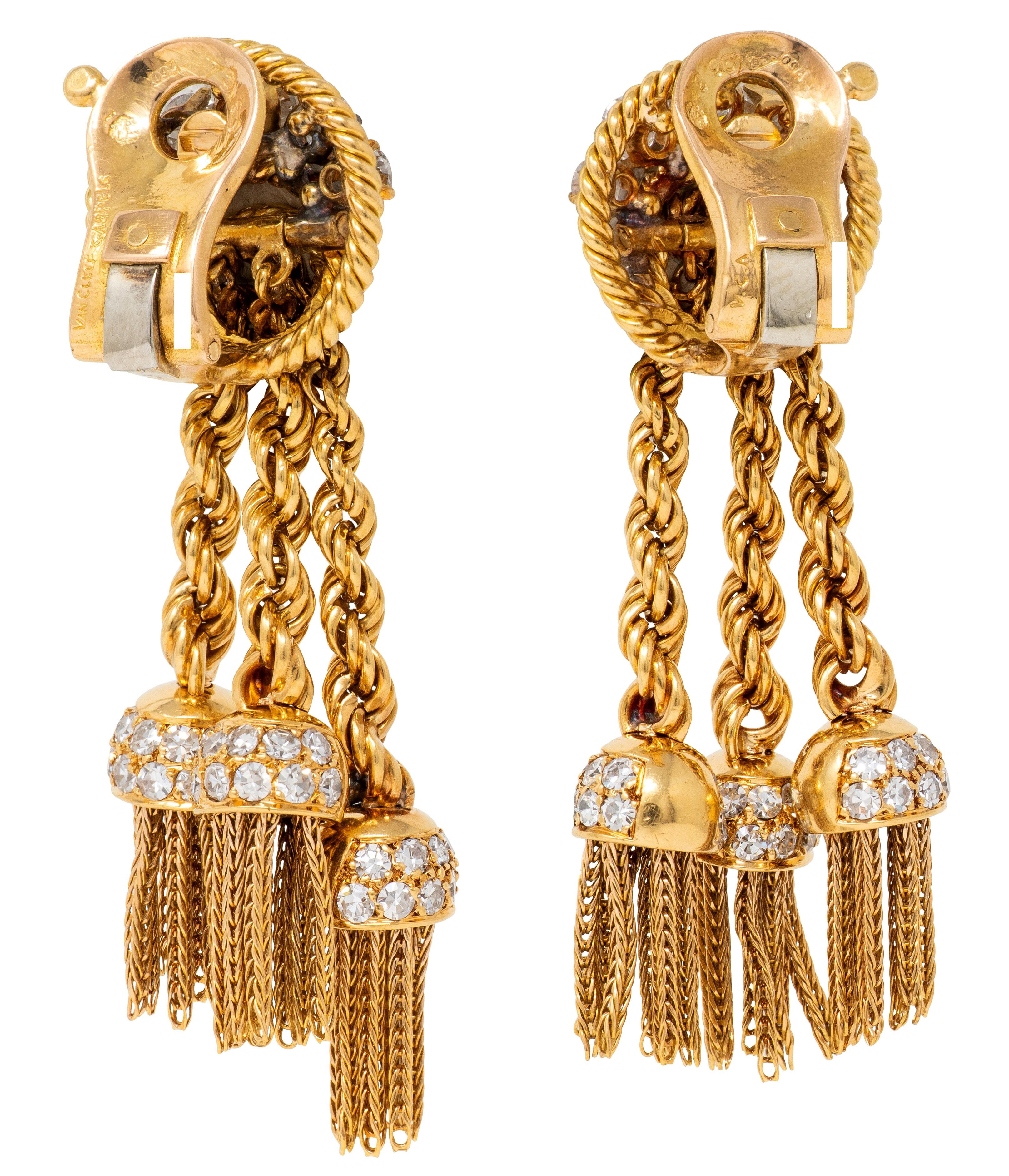 Van Cleef & Arpels L'Enfant 1950's Diamond 18K Gold Vintage Tassel Drop Earrings