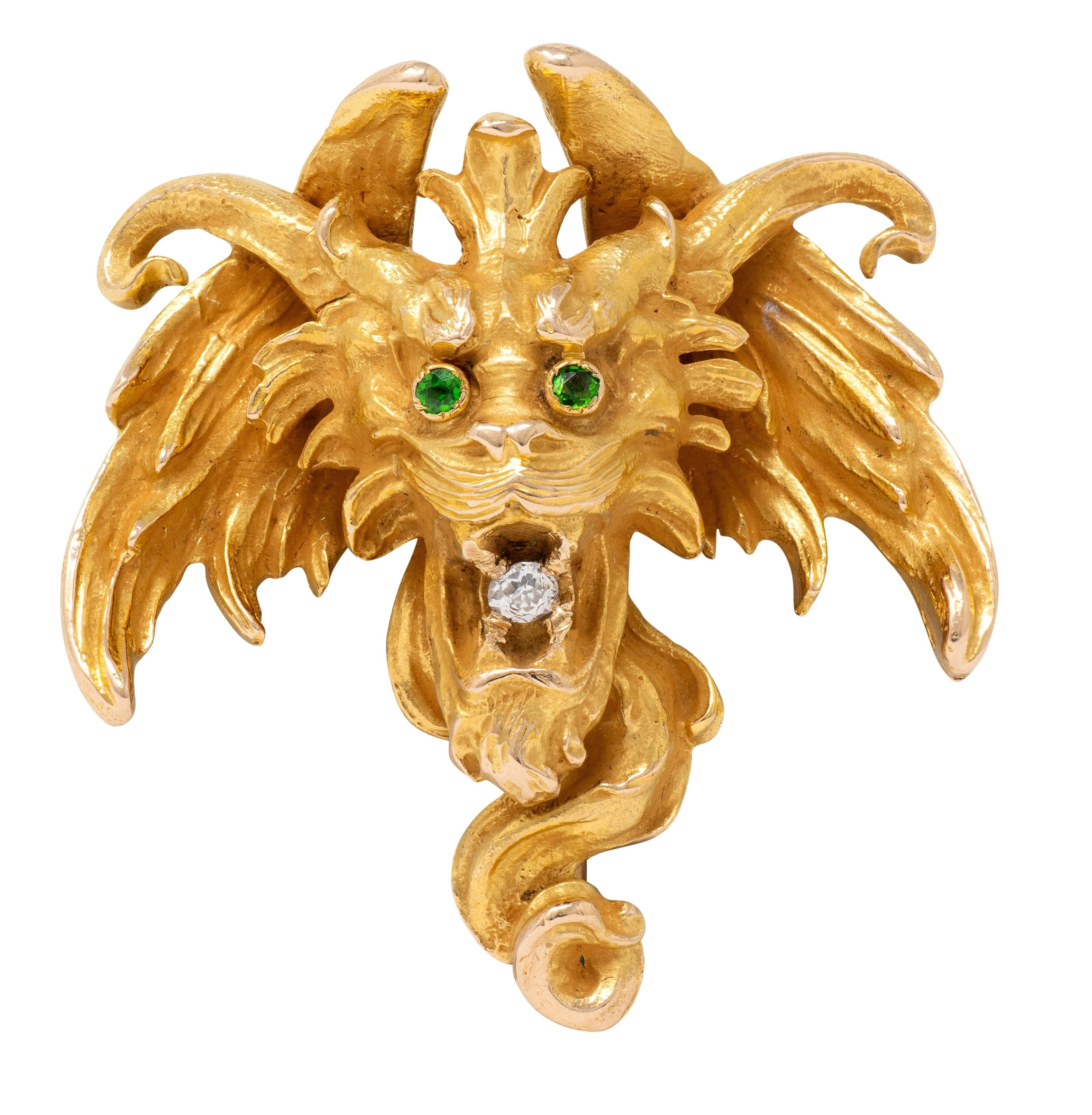 Victorian Diamond Demantoid Garnet 14 Karat Yellow Gold Chimera Antique Brooch