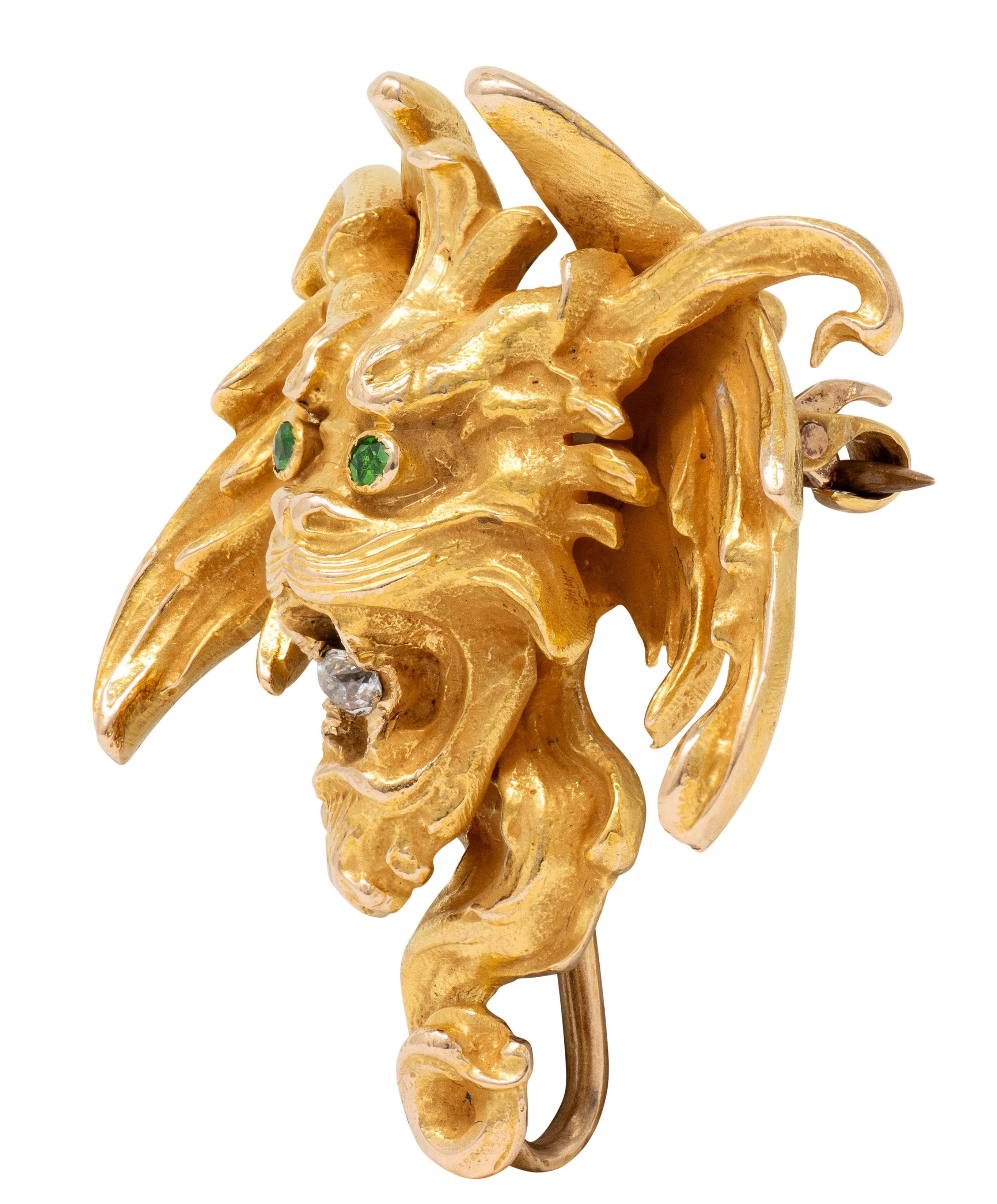 Victorian Diamond Demantoid Garnet 14 Karat Yellow Gold Chimera Antique Brooch