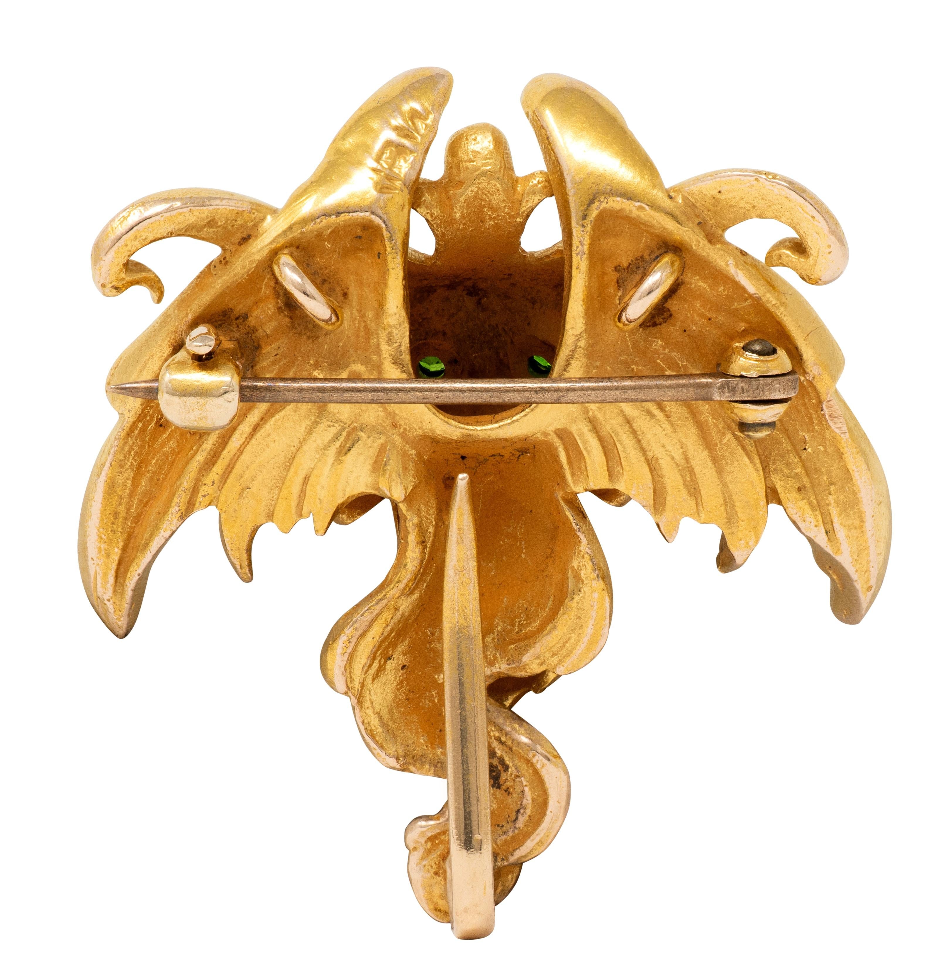 Victorian Diamond Demantoid Garnet 14 Karat Yellow Gold Chimera Antique Brooch