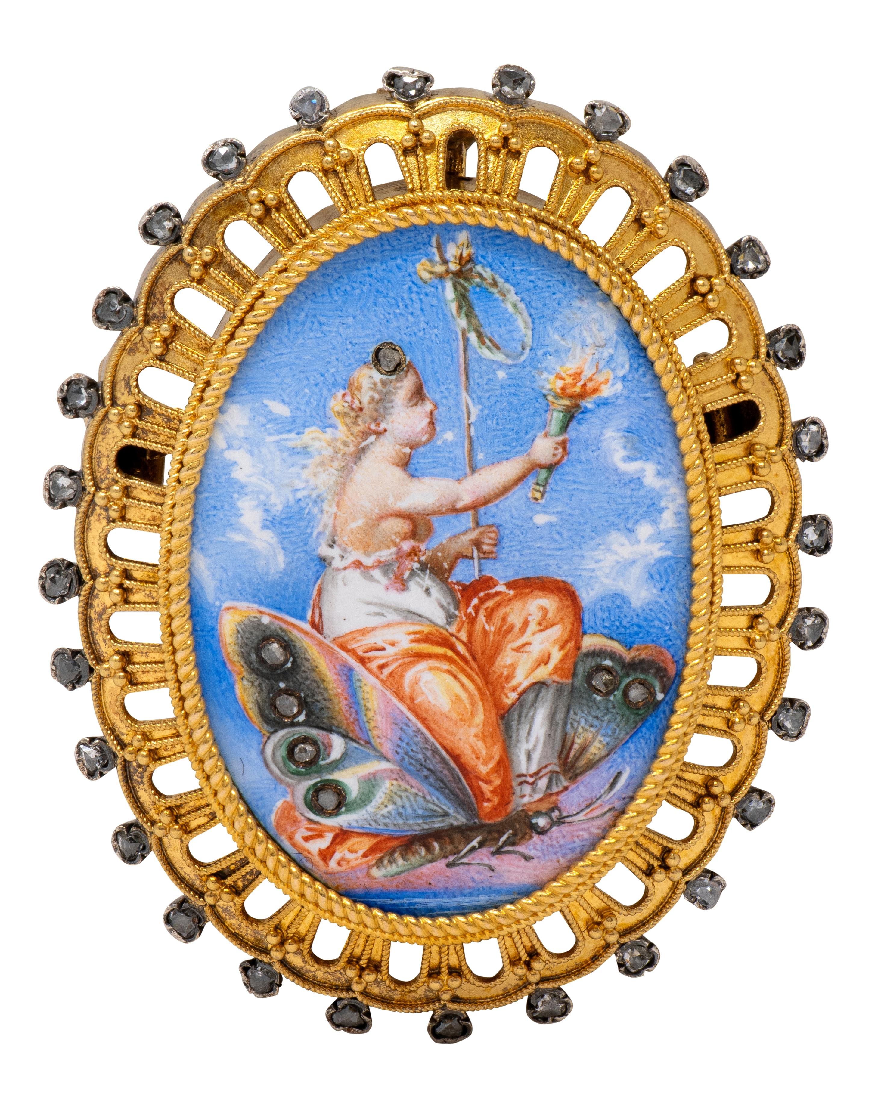 Victorian Diamond Enamel 18K Antique Psyche Portrait Locket Pendant Brooch