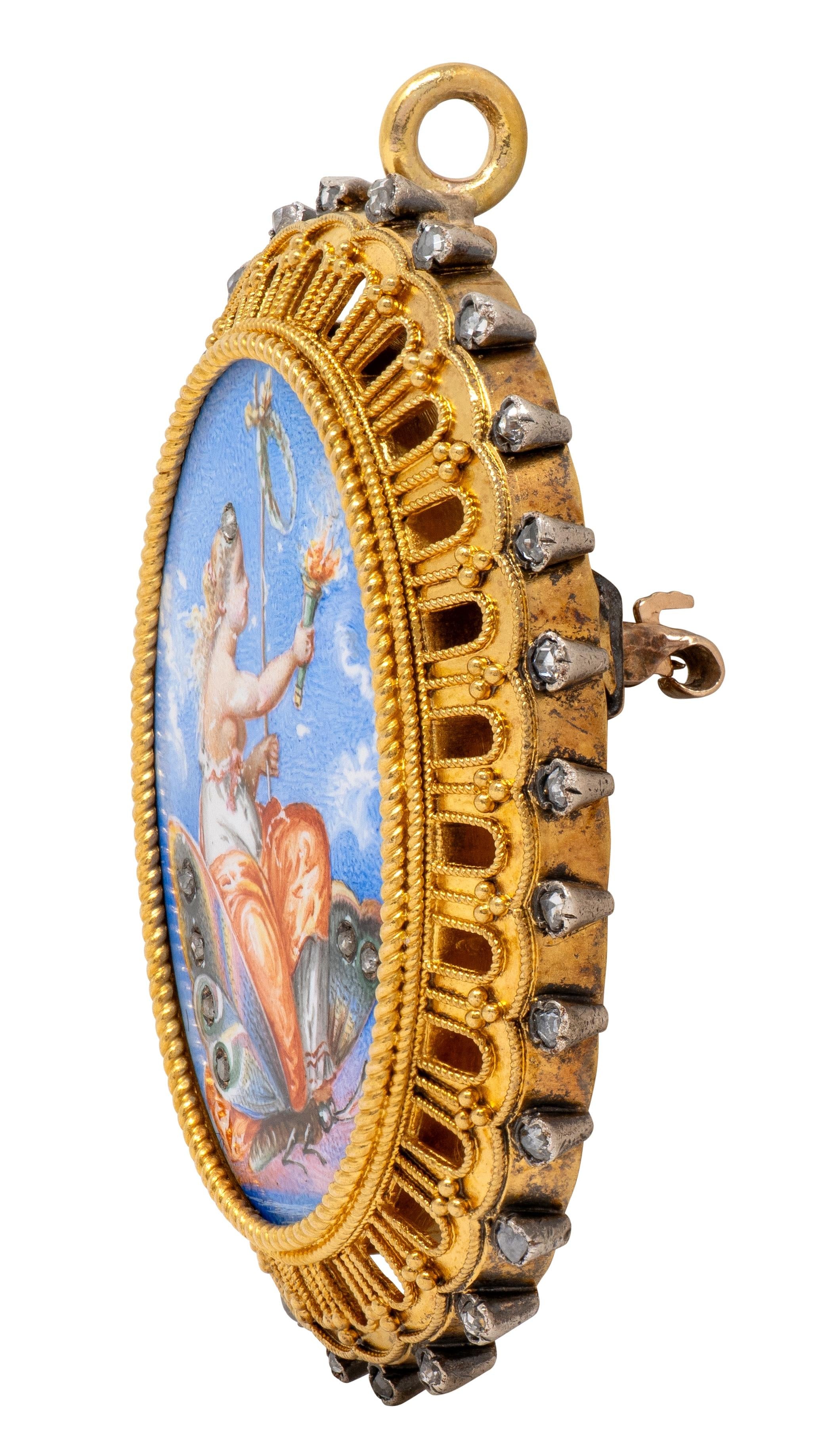 Victorian Diamond Enamel 18K Antique Psyche Portrait Locket Pendant Brooch