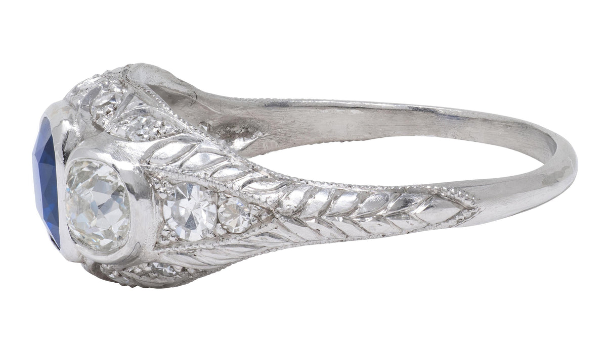 Edwardian 1.98 CTW No Heat Sapphire Diamond Platinum Antique Foliate Ring GIA