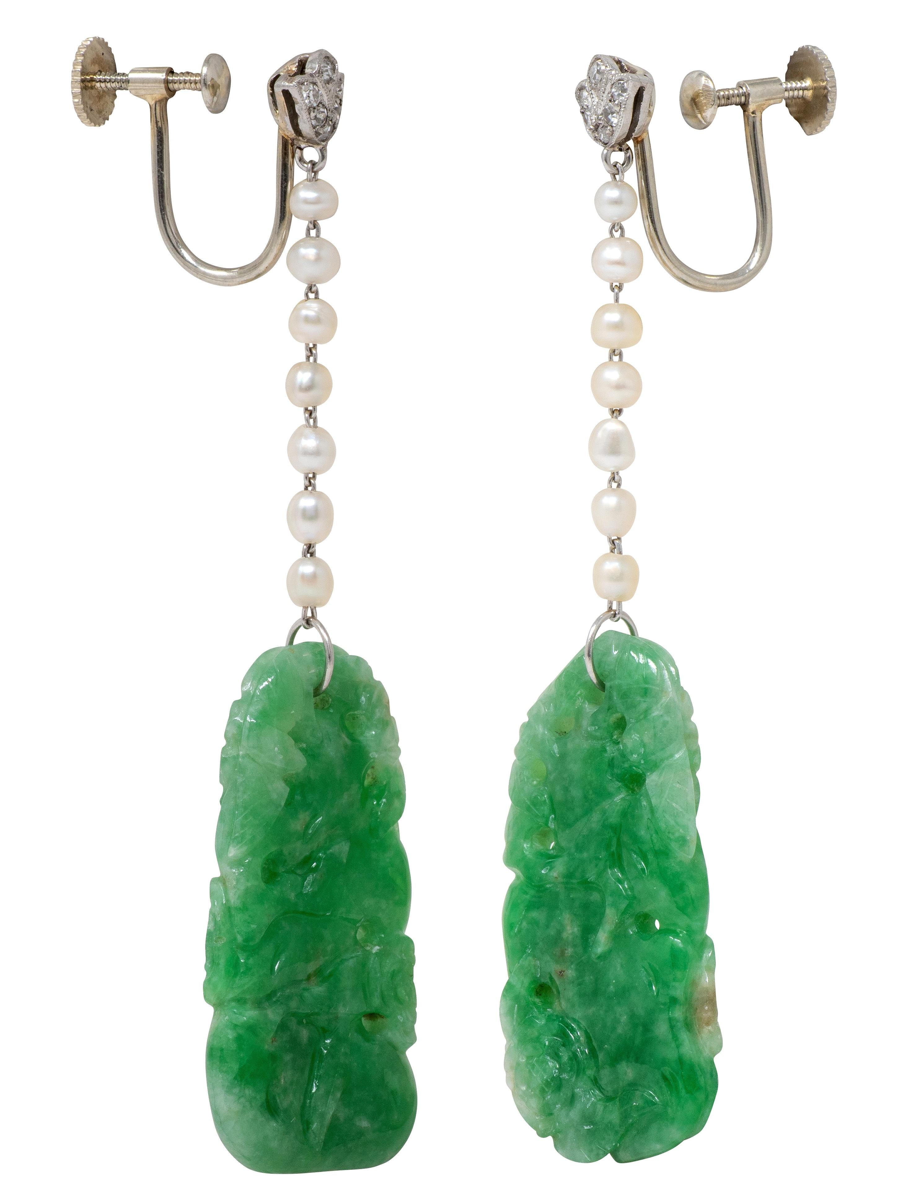 Art Deco Diamond Jade Pearl Platinum Vintage Floral Screw-Back Earrings