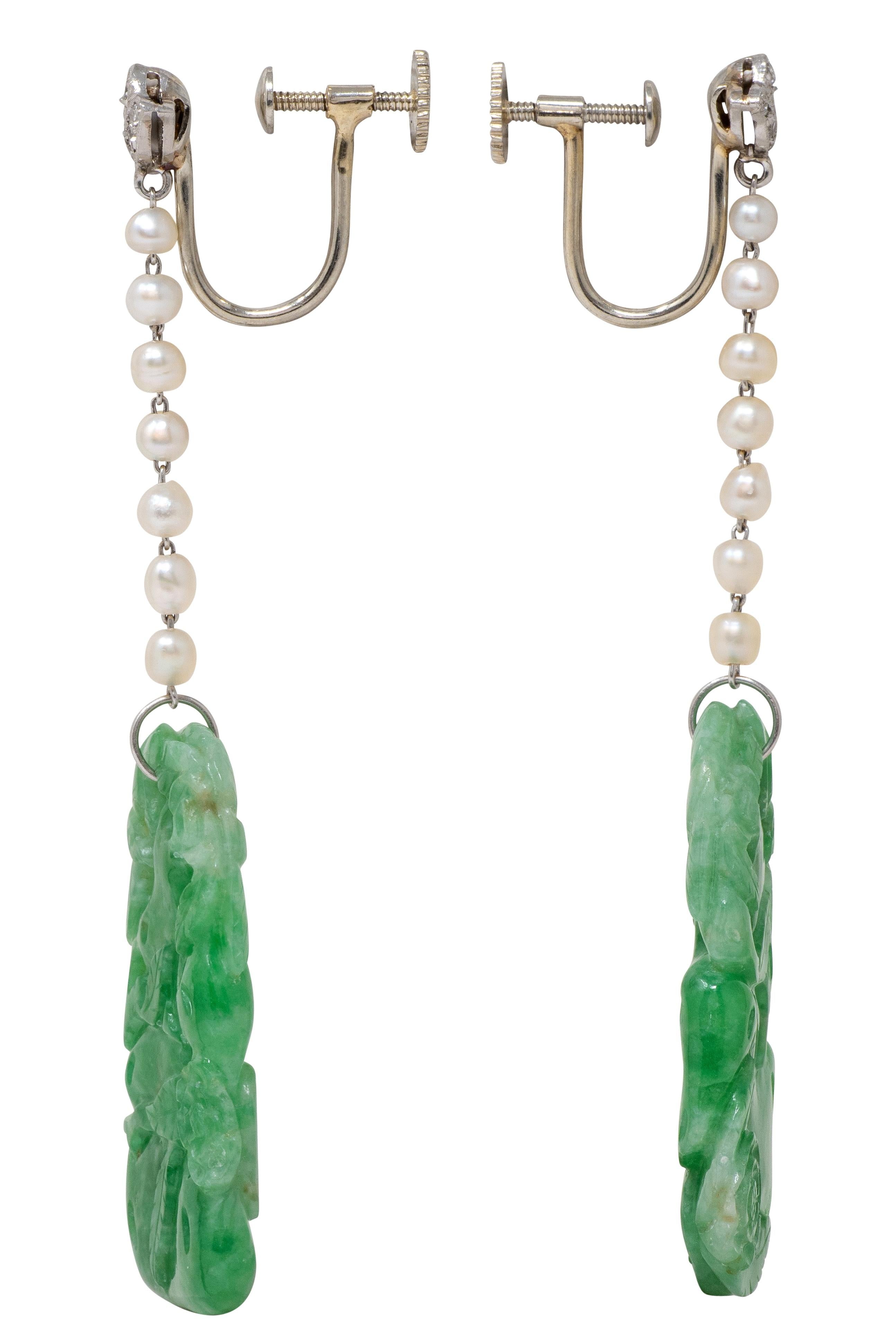 Art Deco Diamond Jade Pearl Platinum Vintage Floral Screw-Back Earrings