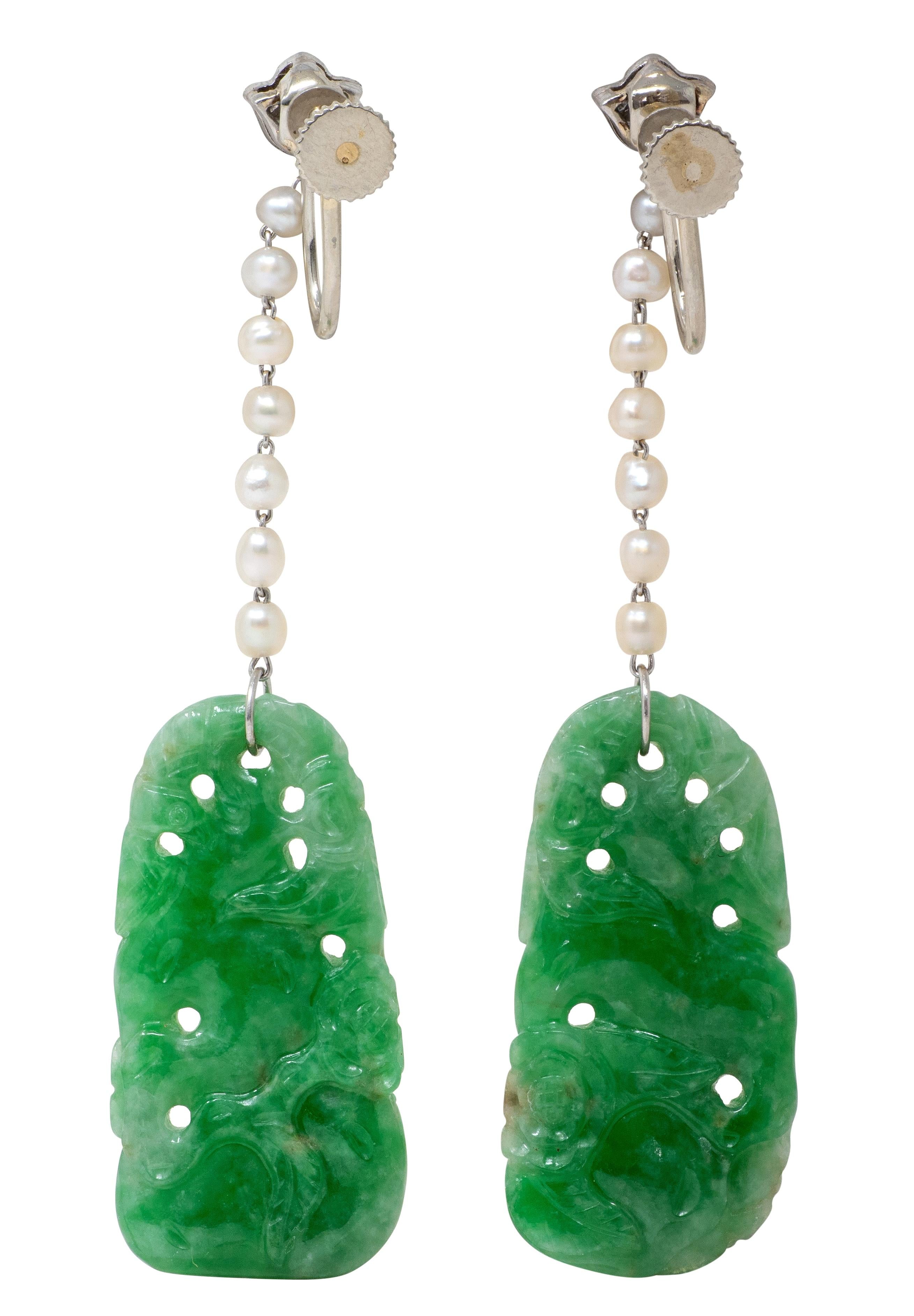 Art Deco Diamond Jade Pearl Platinum Vintage Floral Screw-Back Earrings