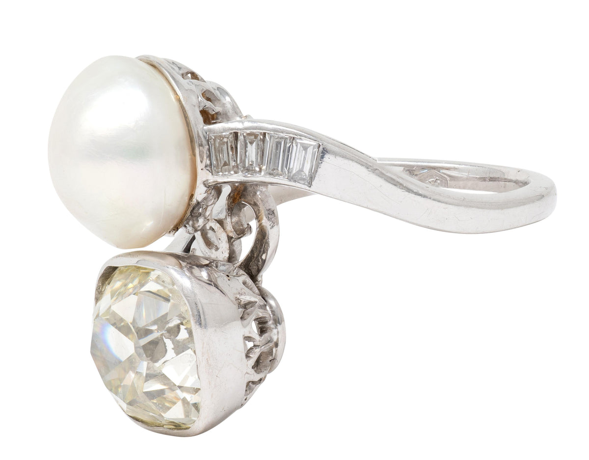 Mid-Century 3.52 CTW Diamond Natural Pearl Platinum Toi-Et-Moi Vintage Ring GIA