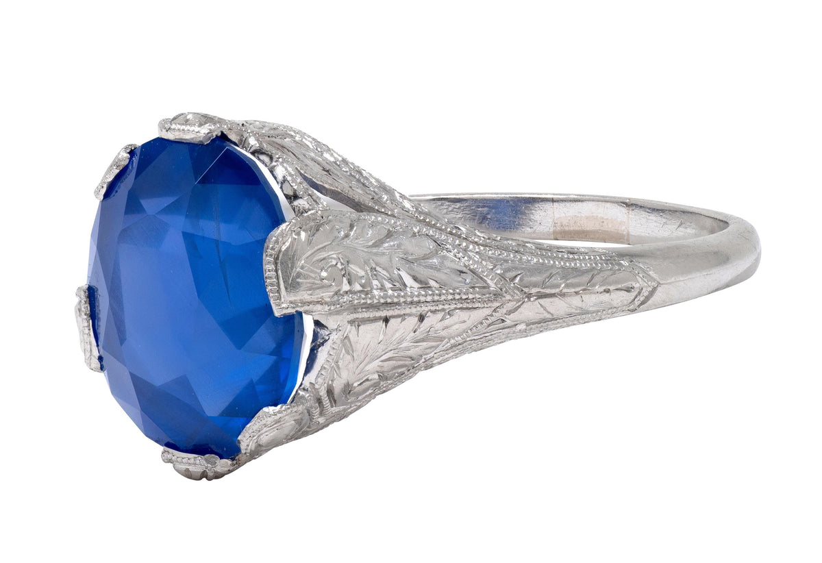 Art Deco 4.43 CTW No Heat Ceylon Sapphire Platinum Foliate Vintage Ring GIA