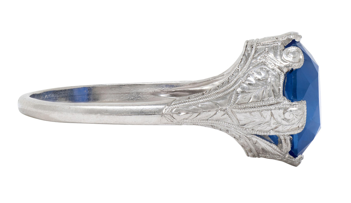 Art Deco 4.43 CTW No Heat Ceylon Sapphire Platinum Foliate Vintage Ring GIA