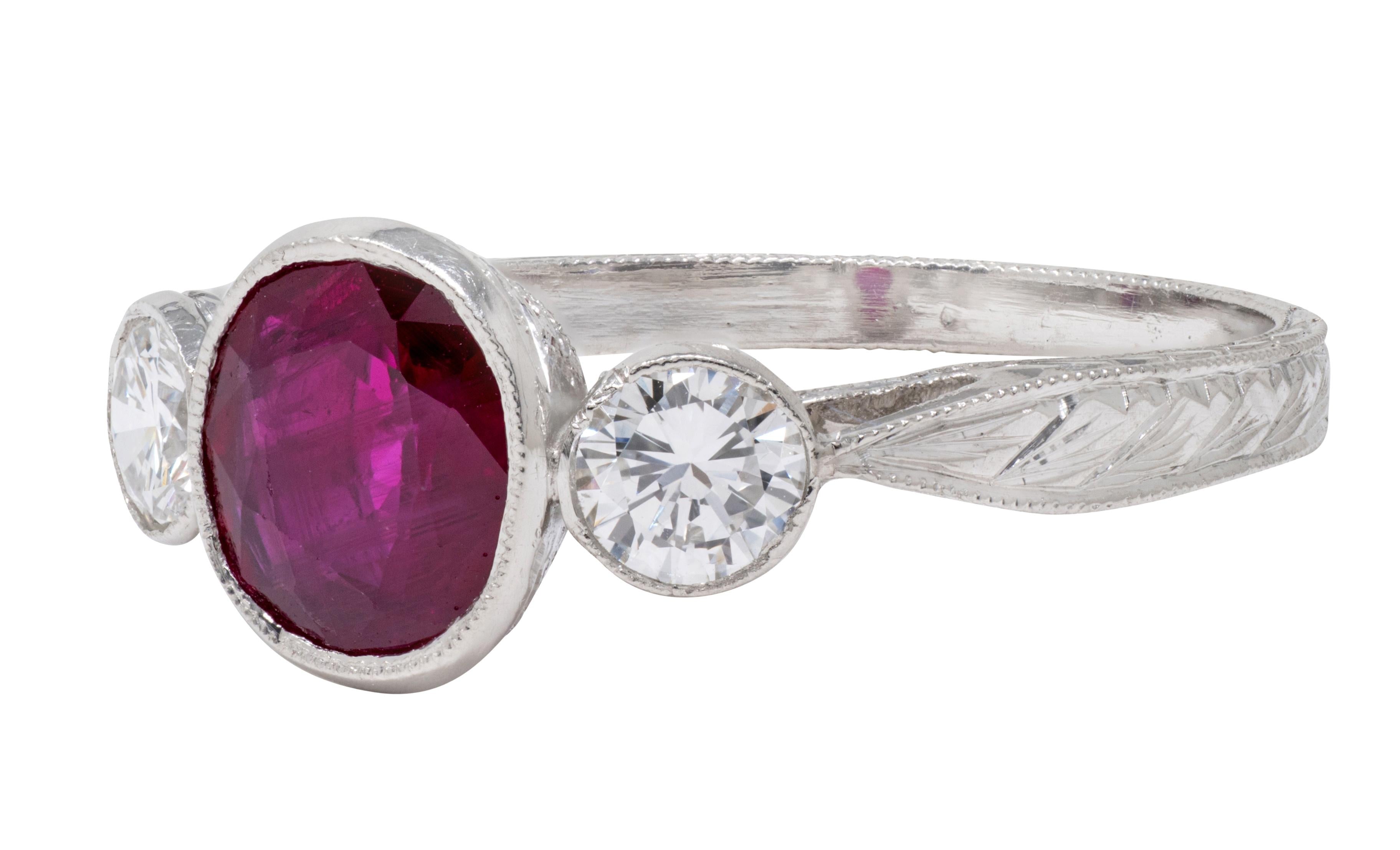 Contemporary 1.53 CTW Ruby Diamond Platinum Three Stone Ring