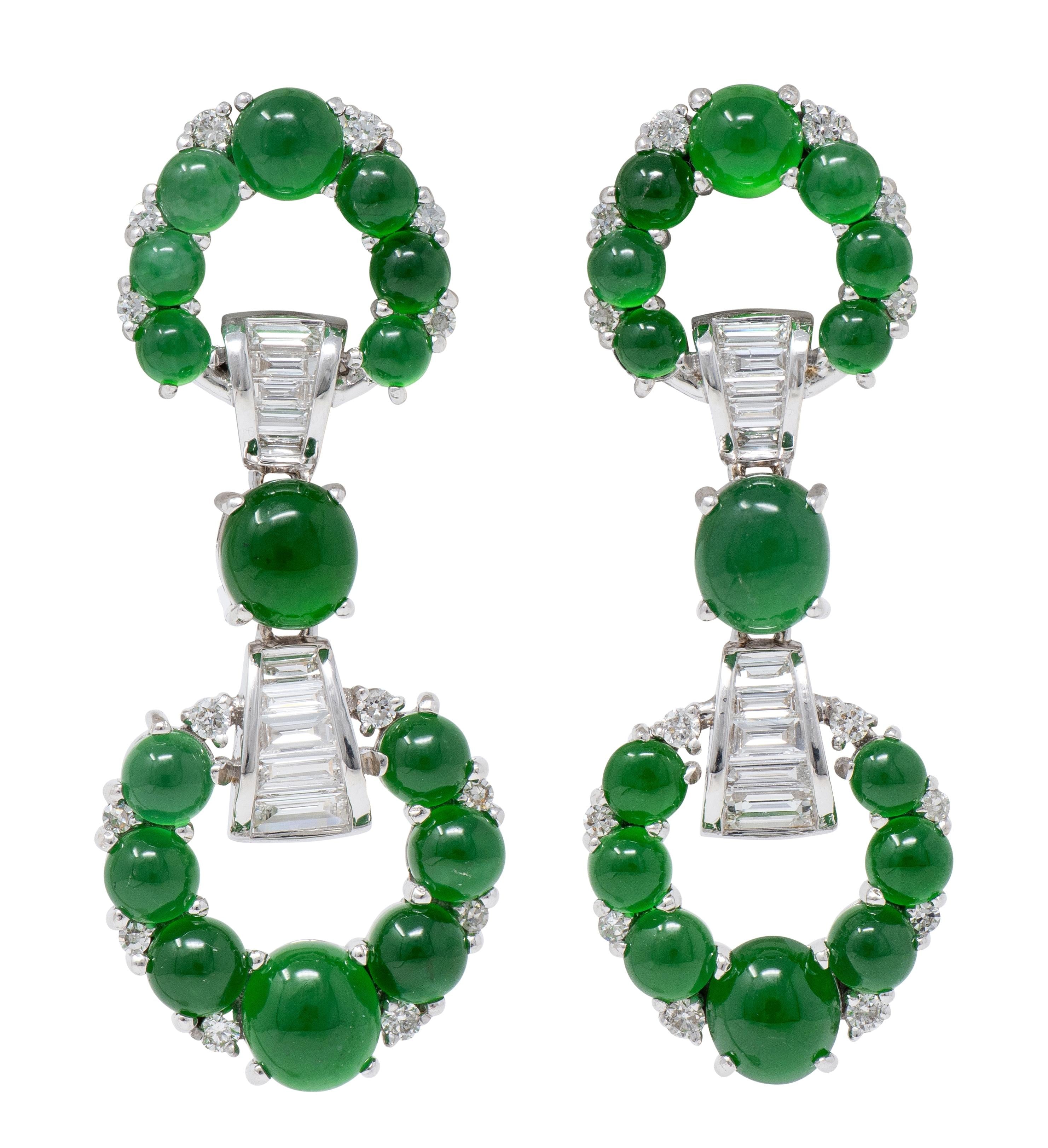 Contemporary Round Brilliant Cut Diamond Jade 18 Karat White Gold Drop Earrings
