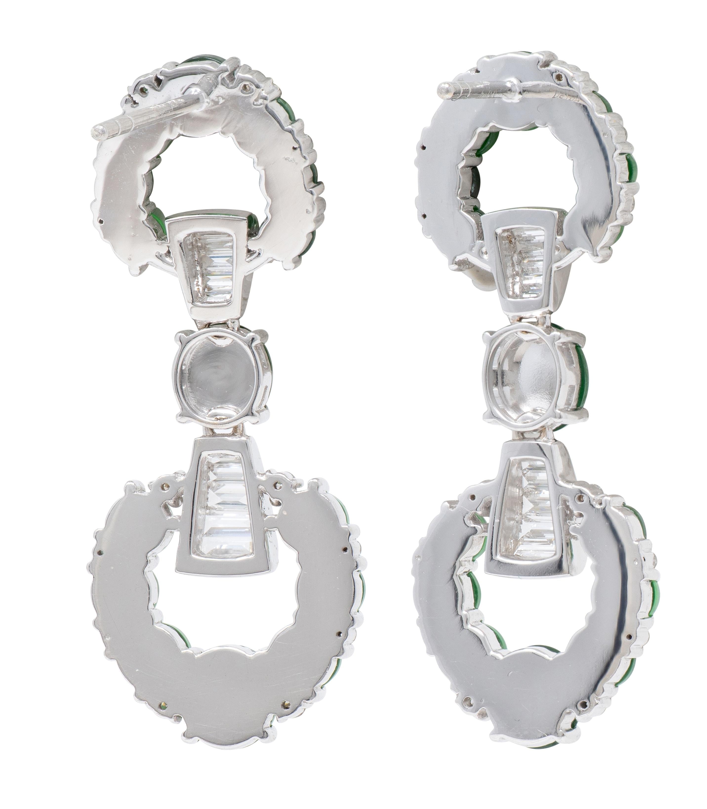 Contemporary Round Brilliant Cut Diamond Jade 18 Karat White Gold Drop Earrings