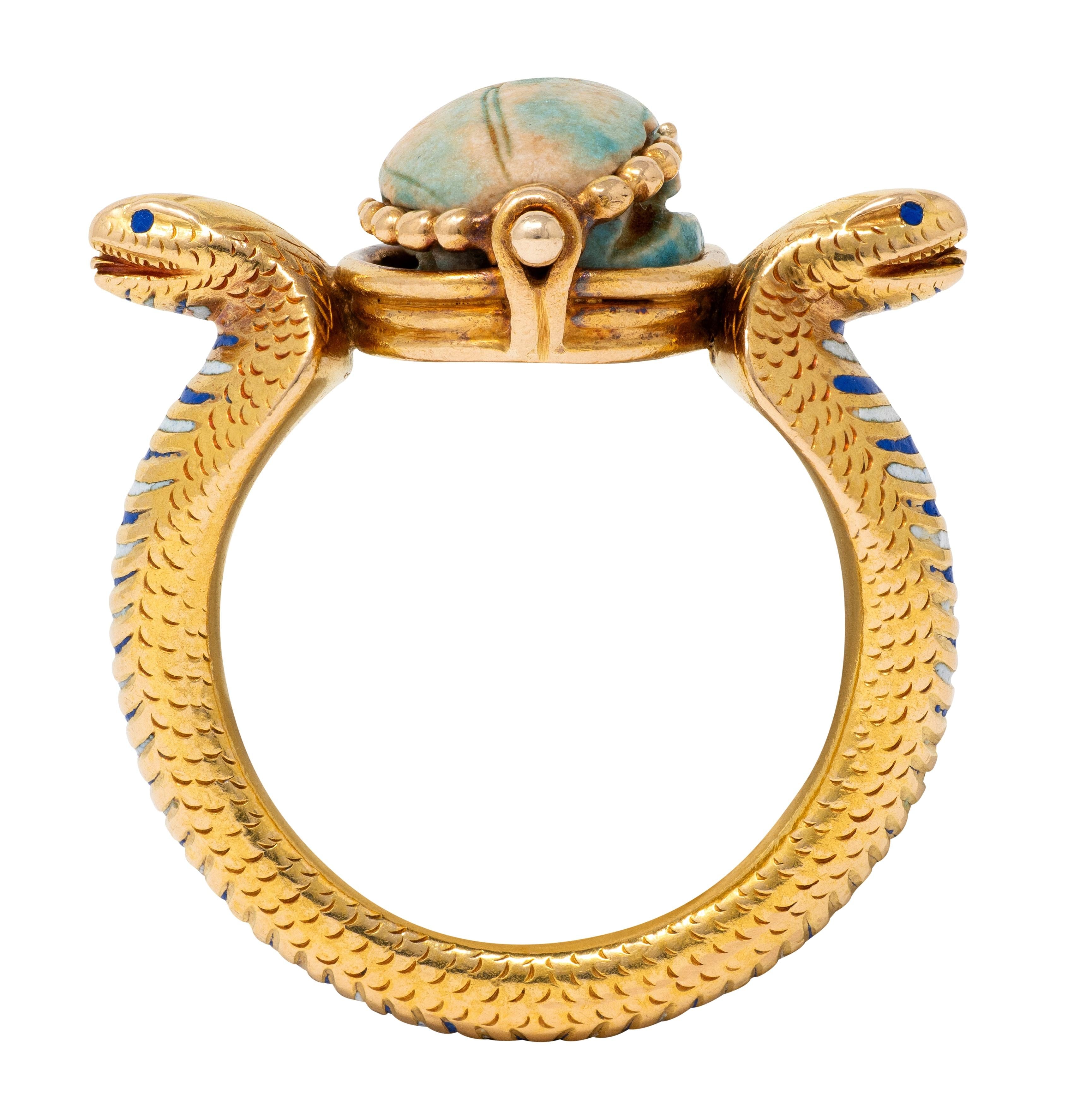 Early Art Deco Egyptian Revival Hardstone Enamel 18K Antique Scarab Snake Ring