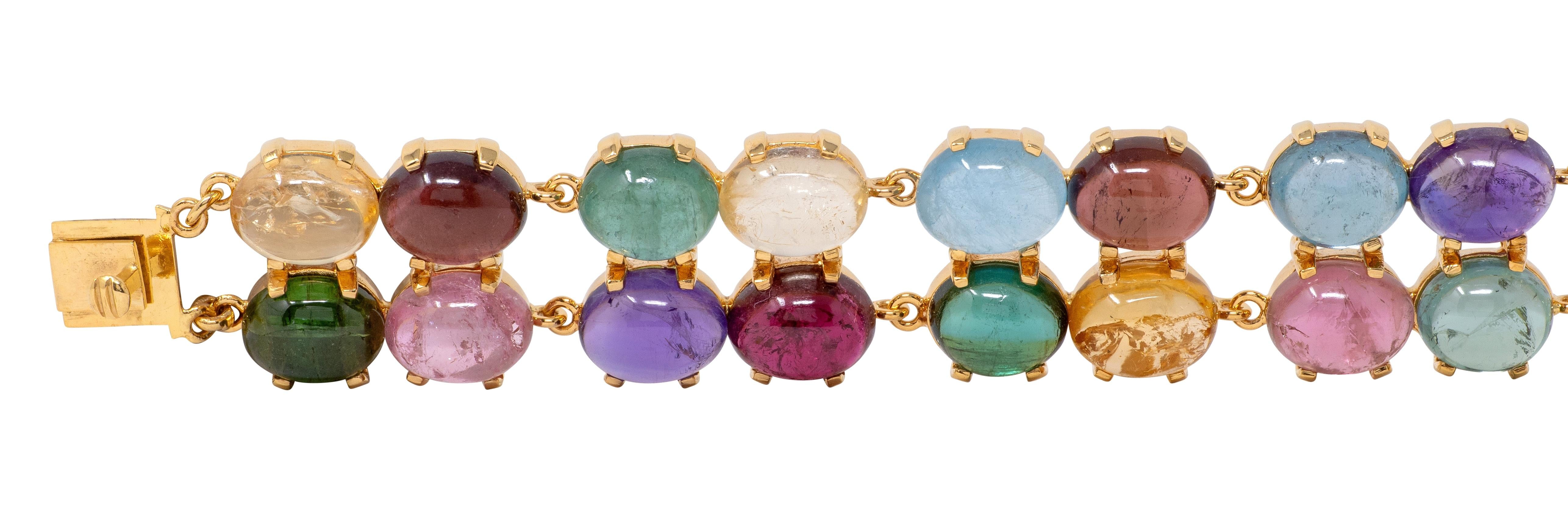 2000's Multi-Gem 14 Karat Yellow Gold Vintage Cabochon Link Bracelet