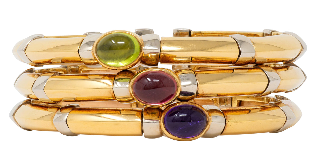 Bulgari 1970's Multi-Gem 18 Karat Gold Vintage Stacked Tri-Strand Cuff Bracelet