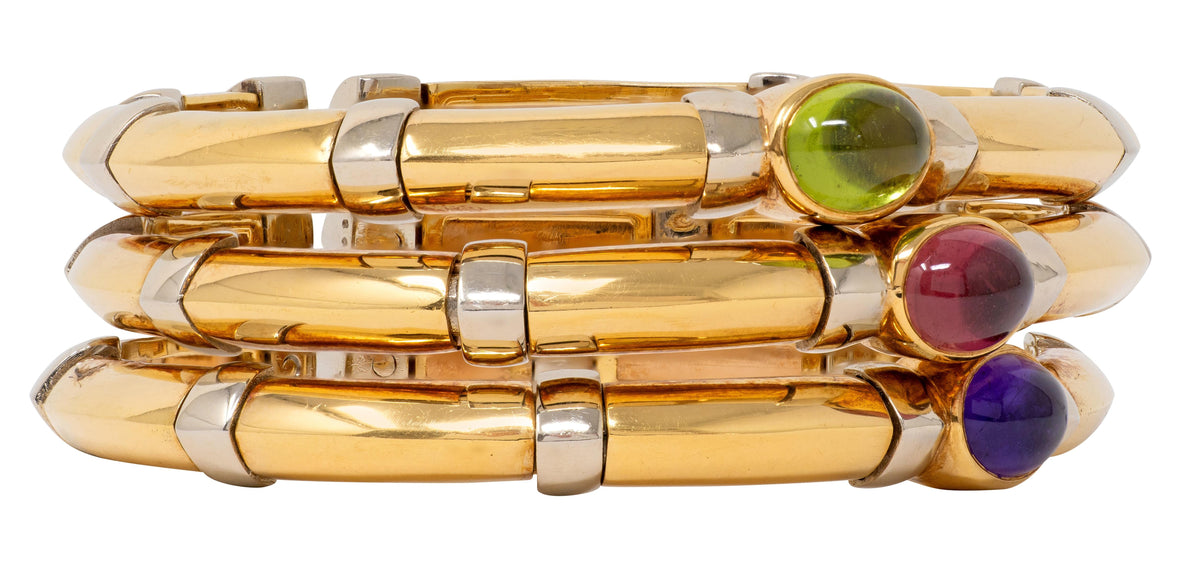 Bulgari 1970's Multi-Gem 18 Karat Gold Vintage Stacked Tri-Strand Cuff Bracelet