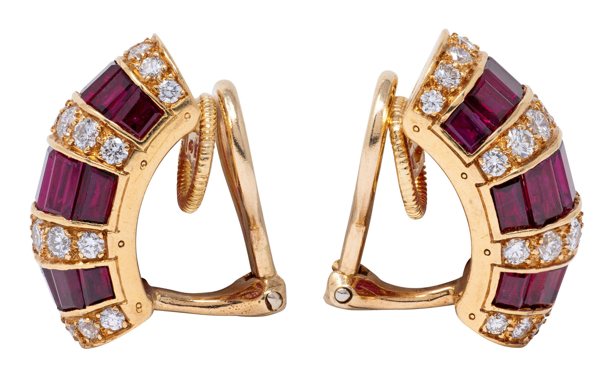 Oscar Heyman 1980's Ruby Diamond 18K Gold Vintage J-Hoop Ear-Clip Earrings