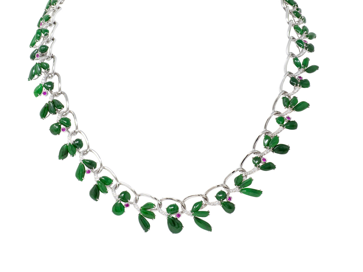 2000's Jade Diamond 18 Karat White Gold Contemporary Fanning Fancy Necklace