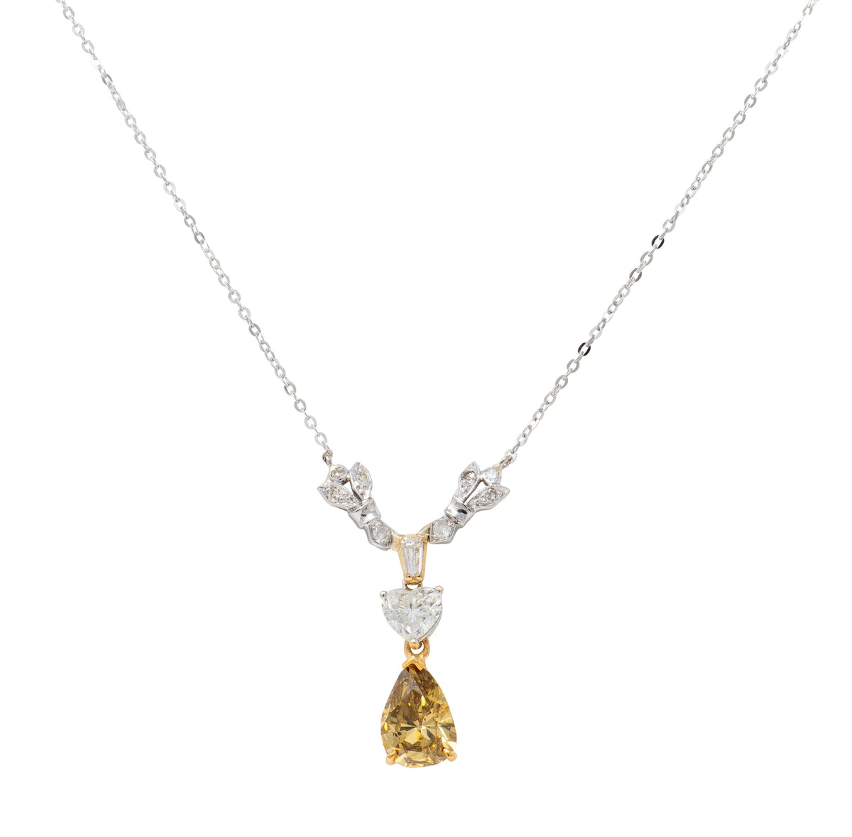 Contemporary 2.97 CTW Diamond 14 Karat Two-Tone Gold Heart Drop Station Necklace