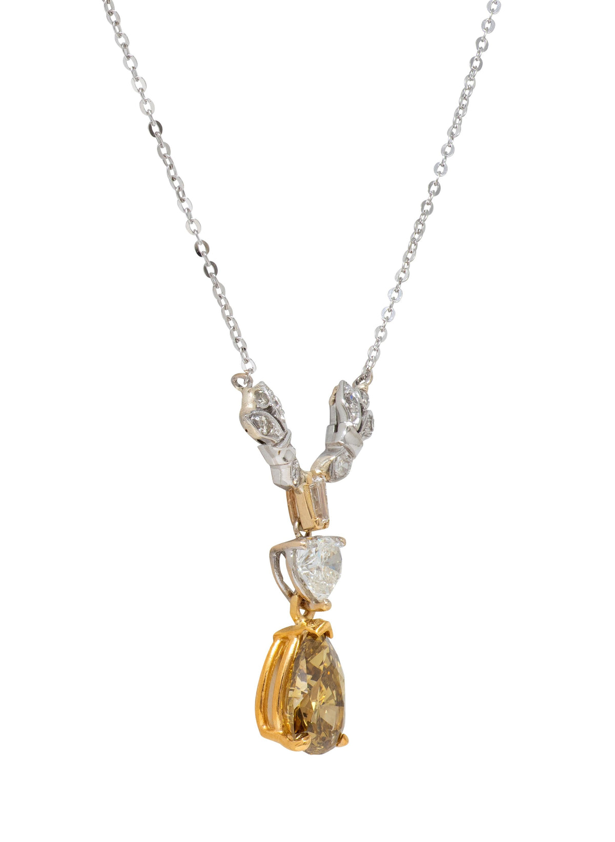 Contemporary 2.97 CTW Diamond 14 Karat Two-Tone Gold Heart Drop Station Necklace