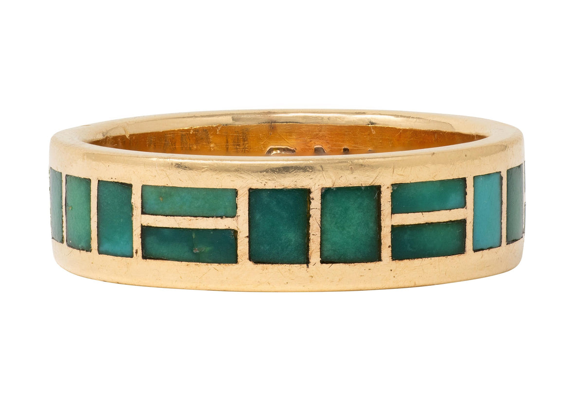 Zuni Sheldon & Nancy Westika 1981 Turquoise 14K Gold Vintage Inlay Band Ring