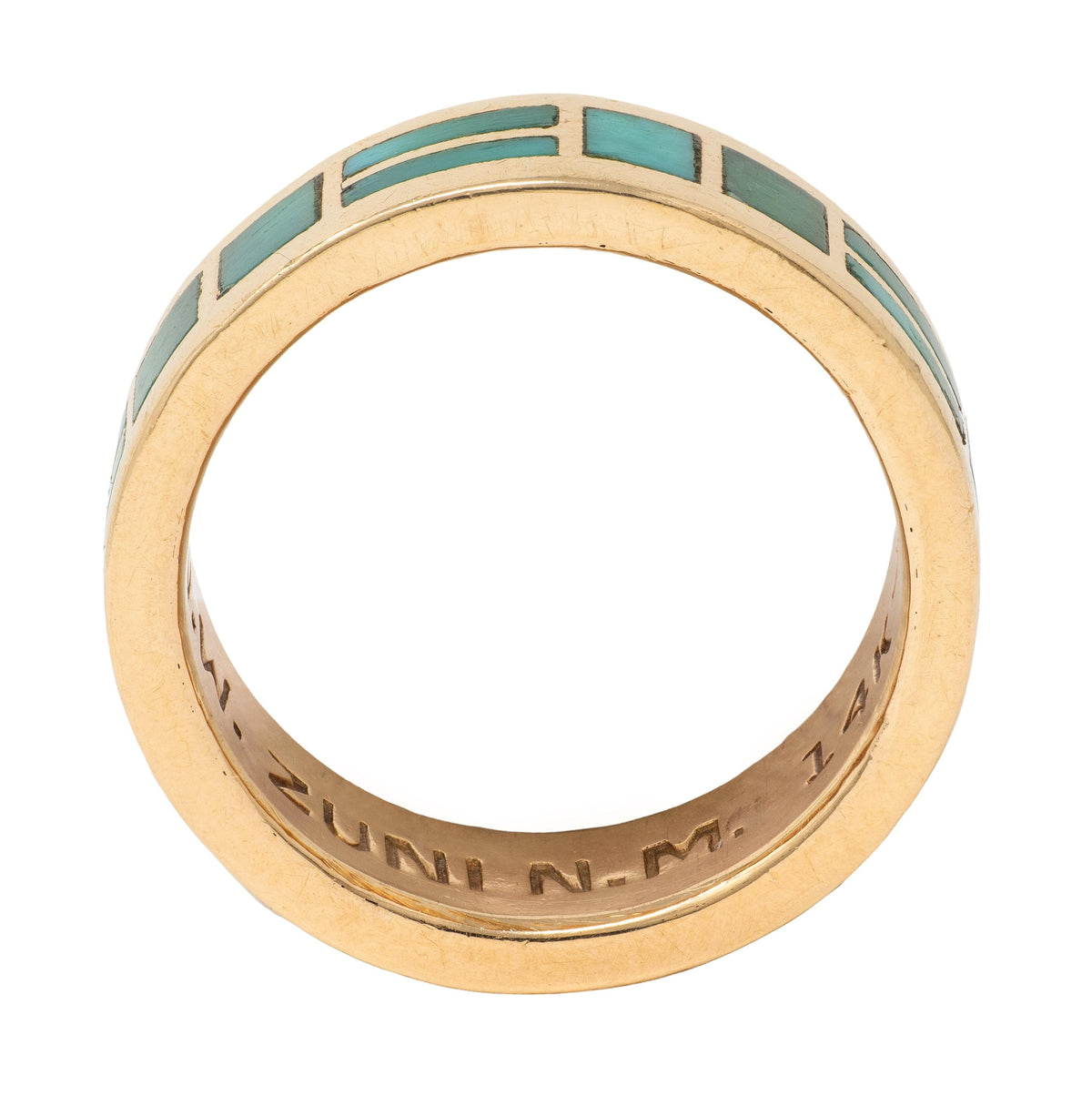 Zuni Sheldon & Nancy Westika 1981 Turquoise 14K Gold Vintage Inlay Band Ring