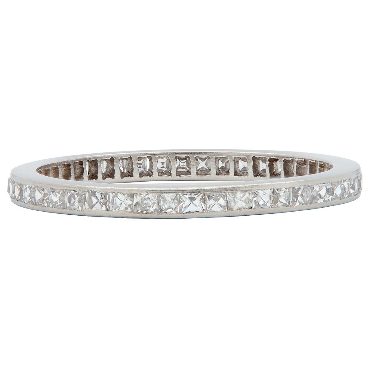 Art Deco 1.38 CTW Diamond Platinum Vintage French Cut Eternity Wedding Band Ring