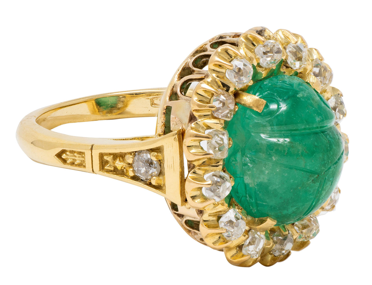 Vintage Egyptian Revival Emerald Diamond 18K Yellow Gold Scarab Halo Ring