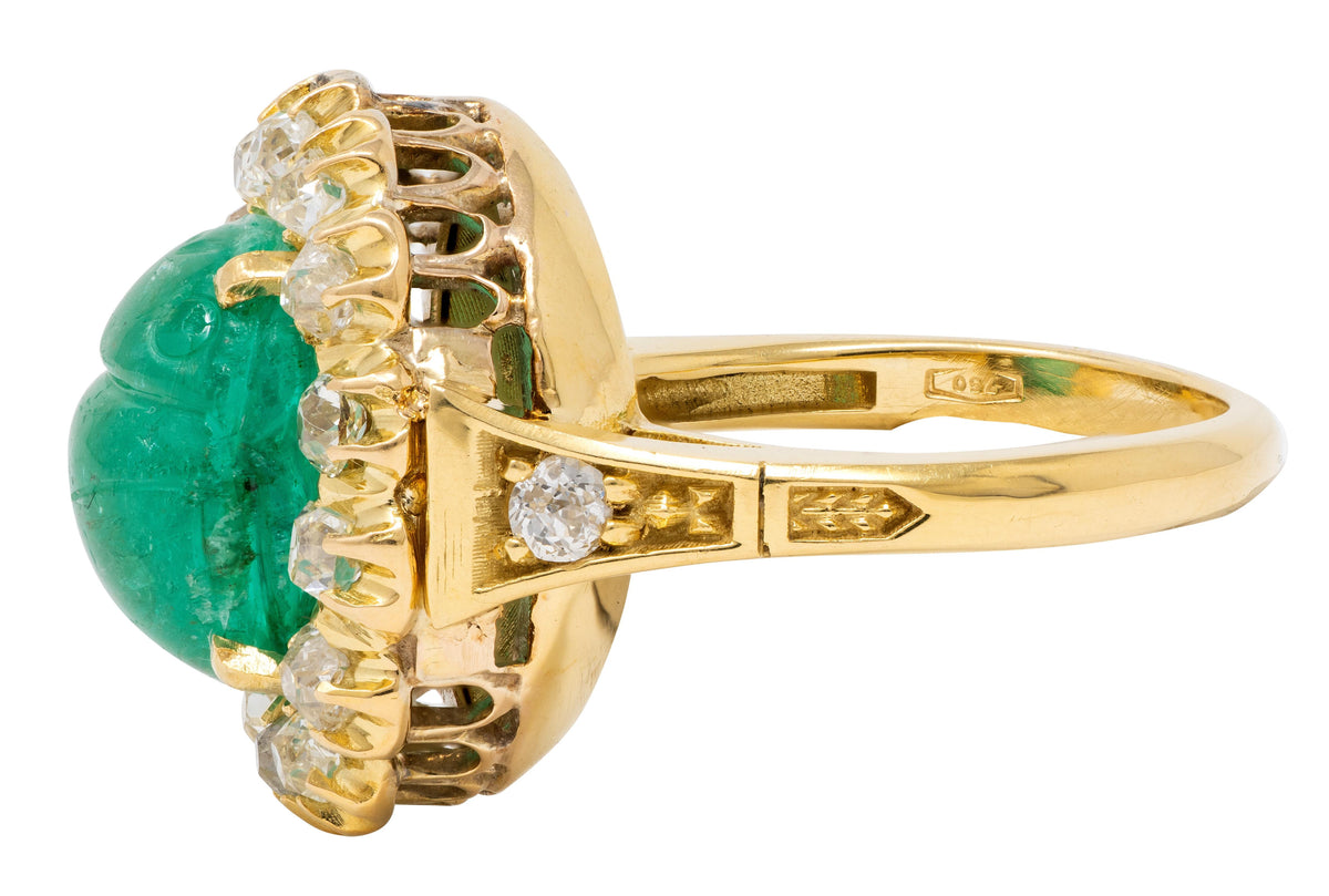 Vintage Egyptian Revival Emerald Diamond 18K Yellow Gold Scarab Halo Ring