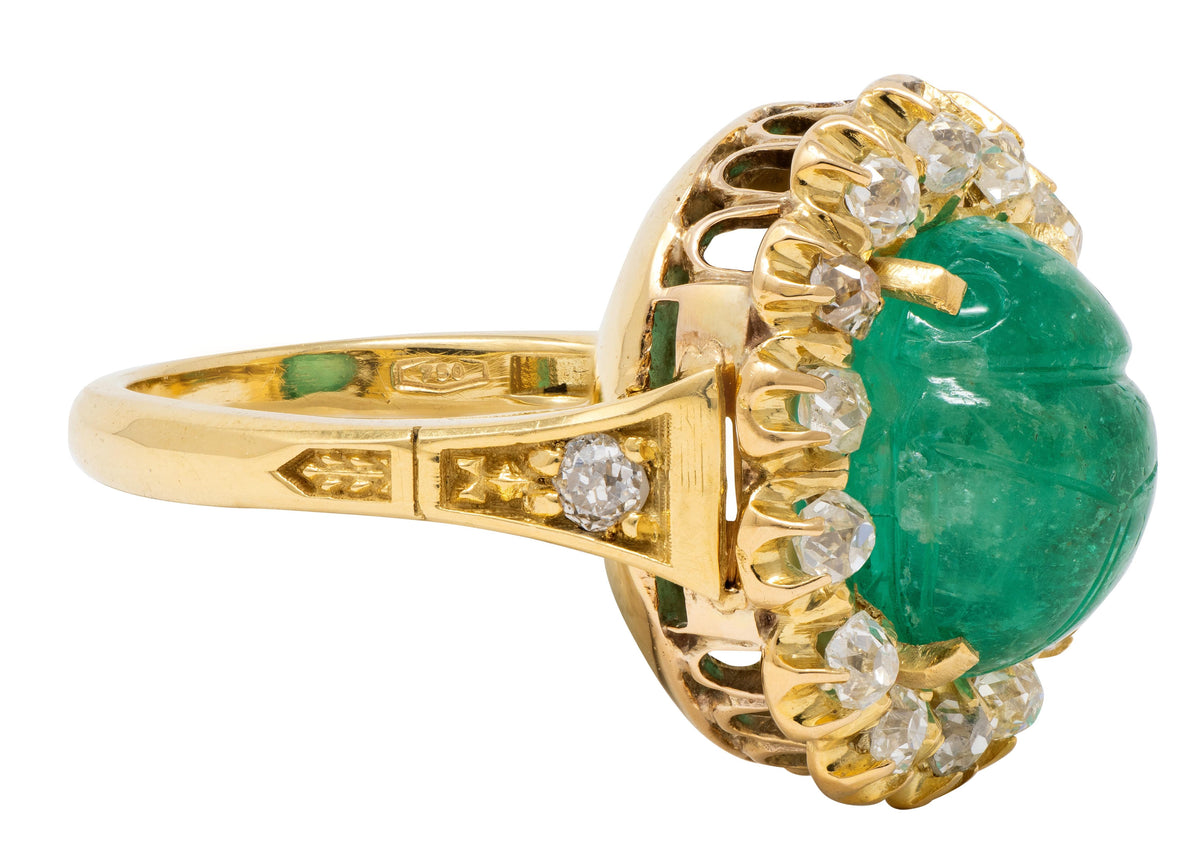 Vintage Egyptian Revival Emerald Diamond 18K Yellow Gold Scarab Halo Ring