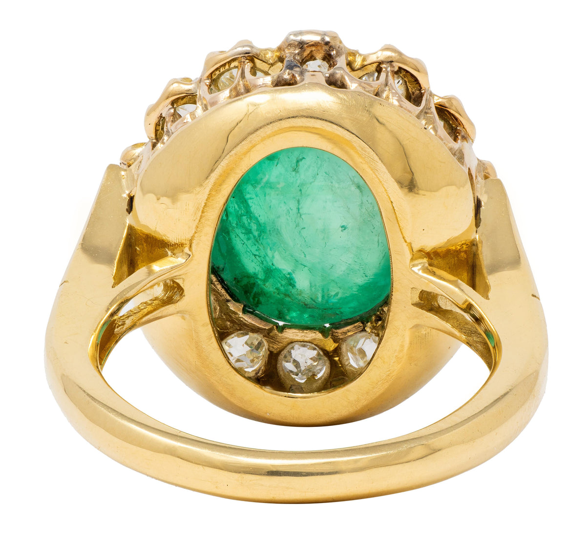 Vintage Egyptian Revival Emerald Diamond 18K Yellow Gold Scarab Halo Ring