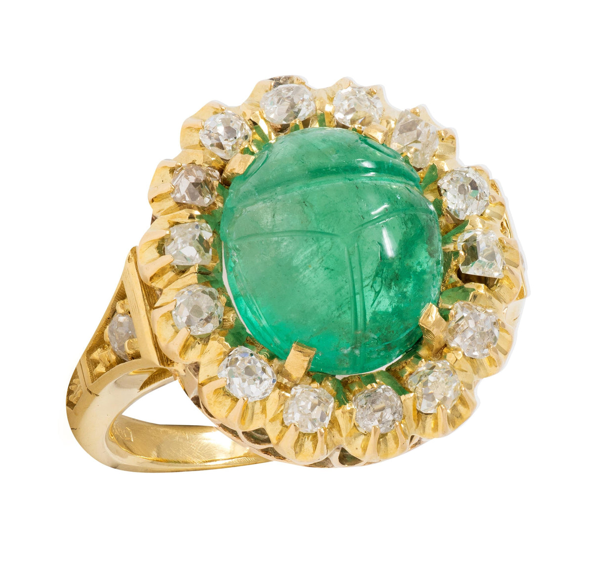 Vintage Egyptian Revival Emerald Diamond 18K Yellow Gold Scarab Halo Ring