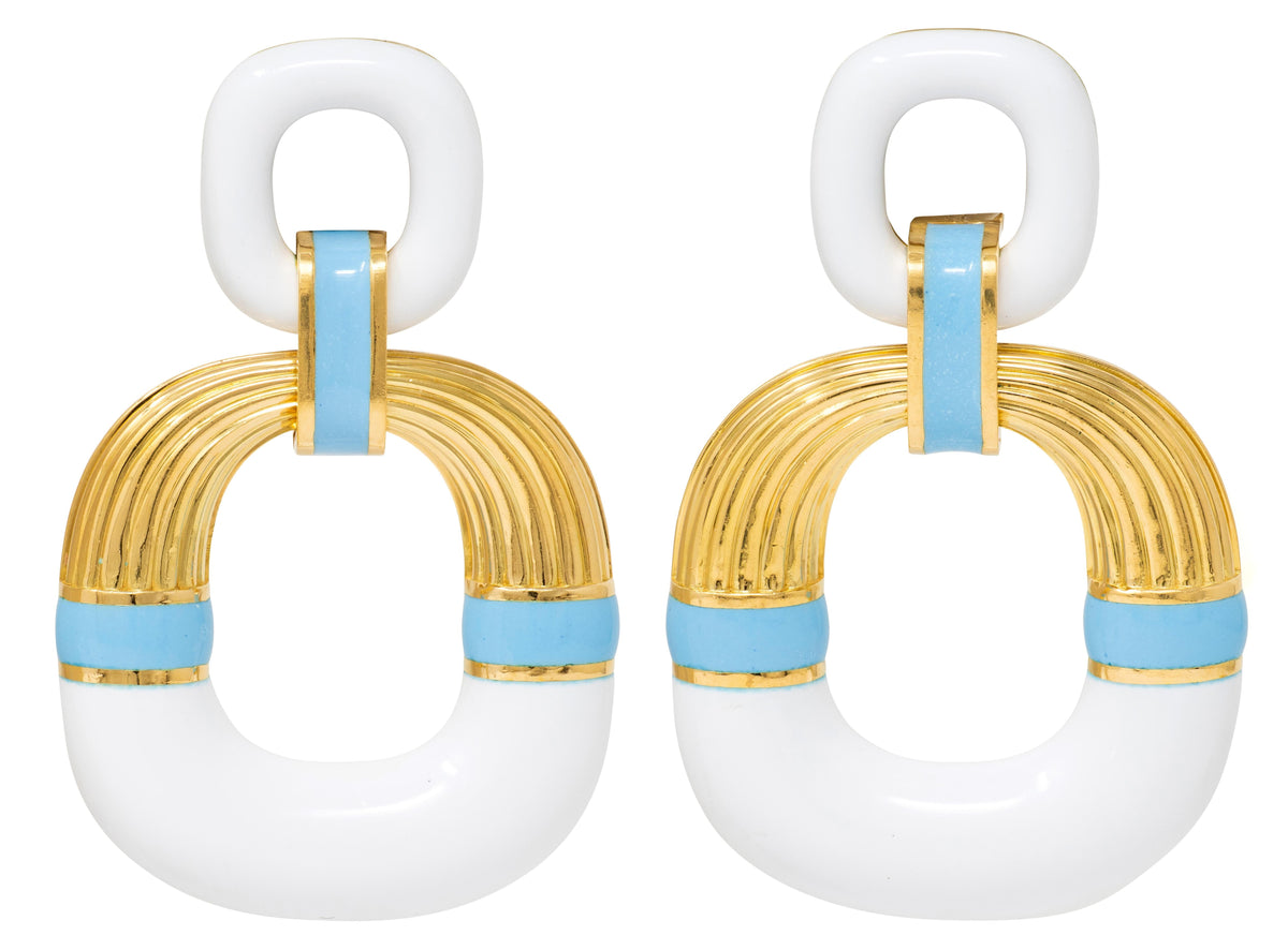 David Webb Contemporary Enamel 18K Gold Radiator Door Knocker Ear-Clip Earrings